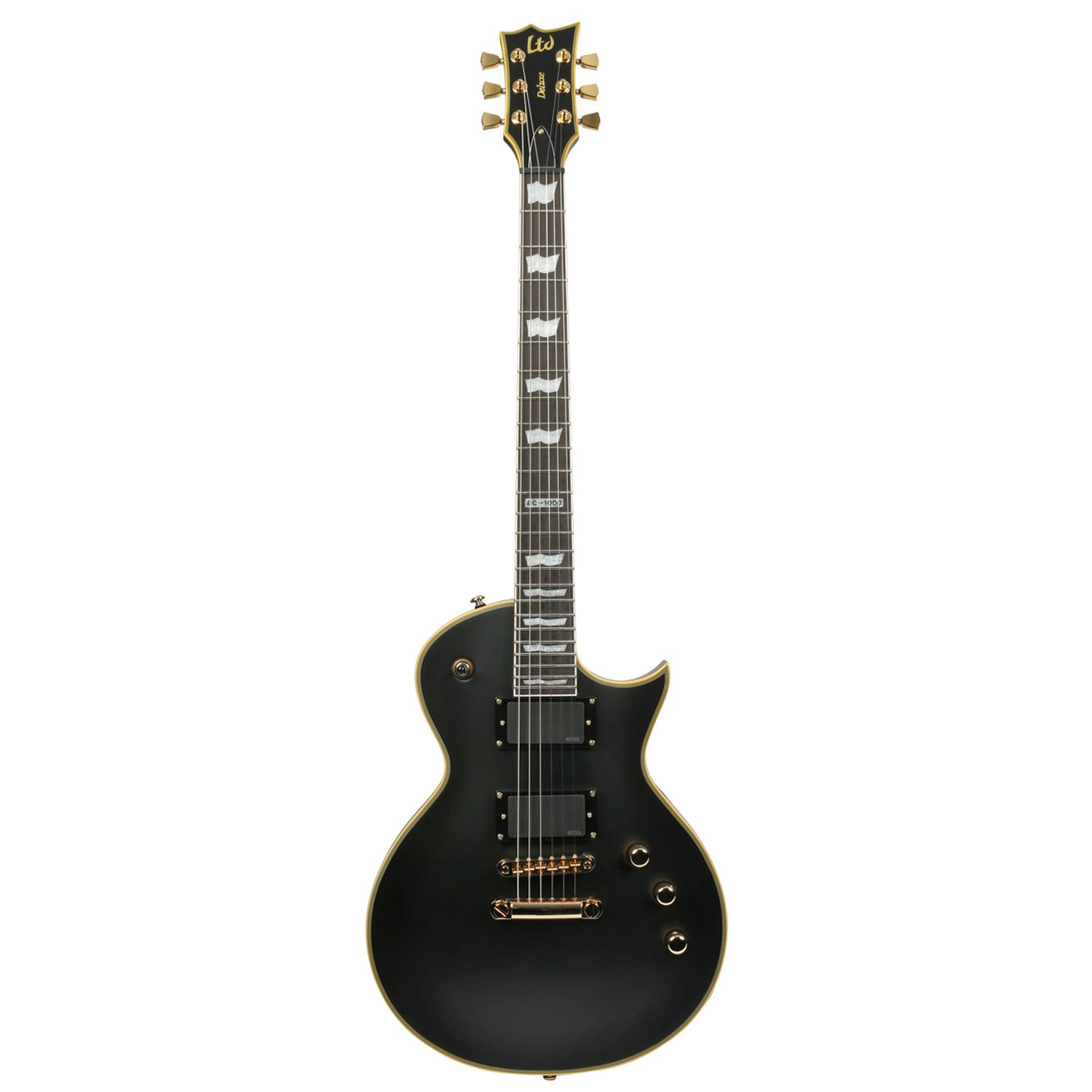 A black electric guitar with gold hardware and white fretboard inlays.