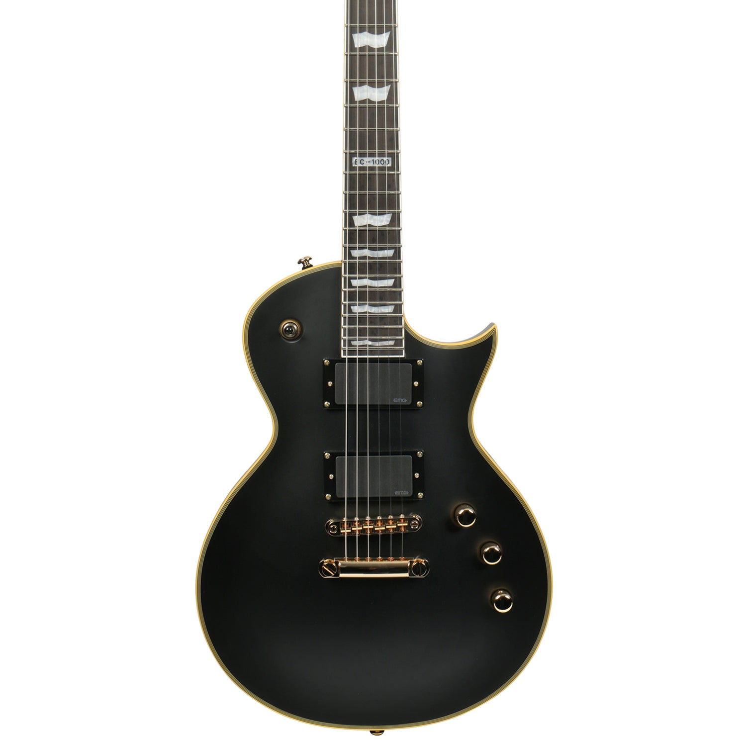 A matte black electric guitar with gold hardware and white fret inlays.