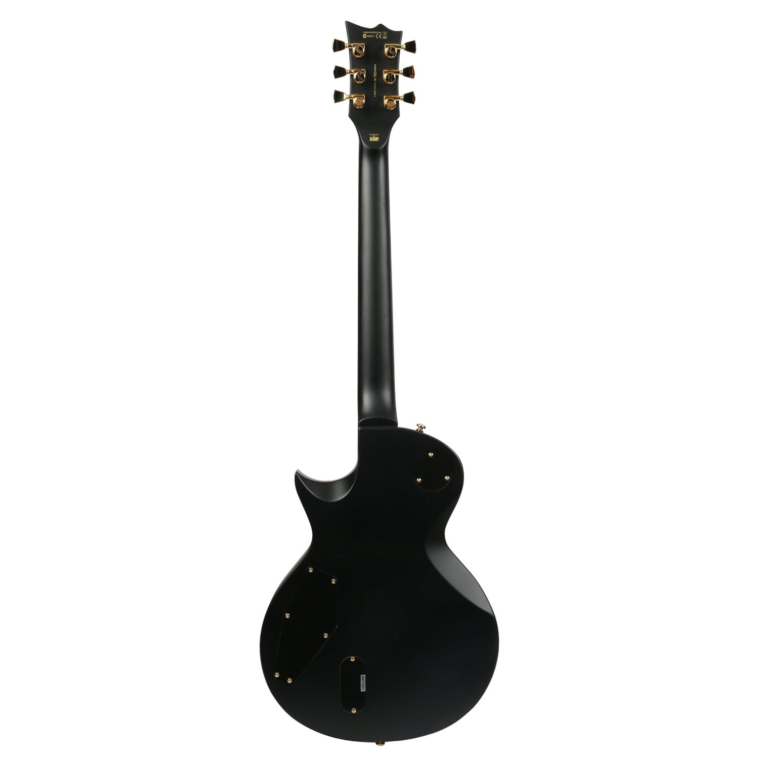 Back view of a black electric guitar with gold tuning pegs and hardware.