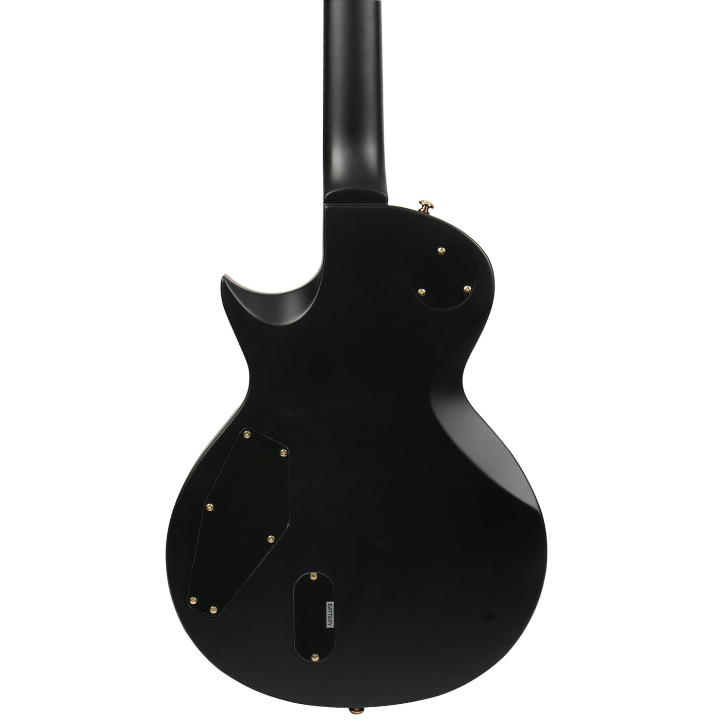 Back view of a black electric guitar with gold screws and a battery compartment.