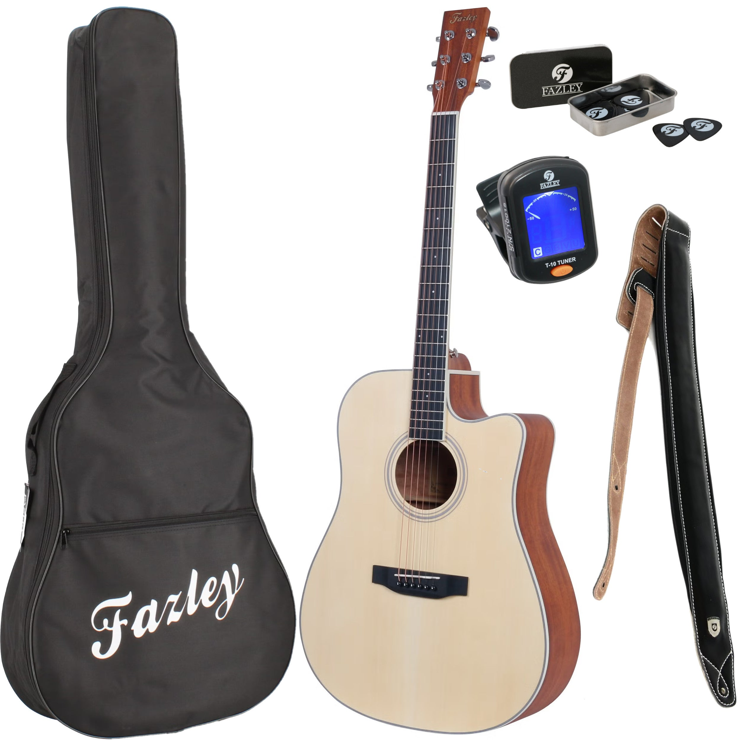 A Fazley guitar set featuring a guitar, bag, strap, picks, and tuner.