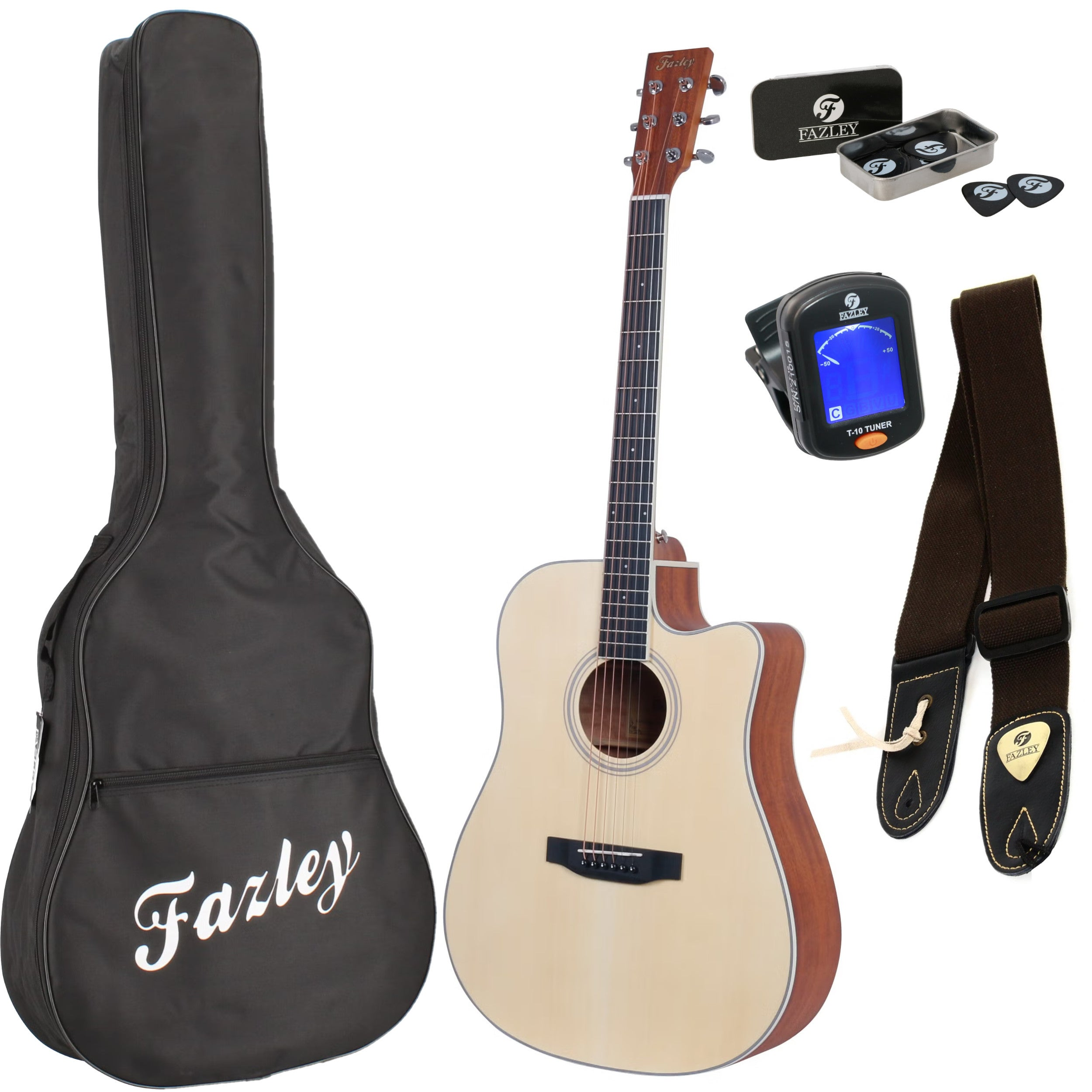 A light brown Fazley guitar set with a case, strap, picks, and tuner.