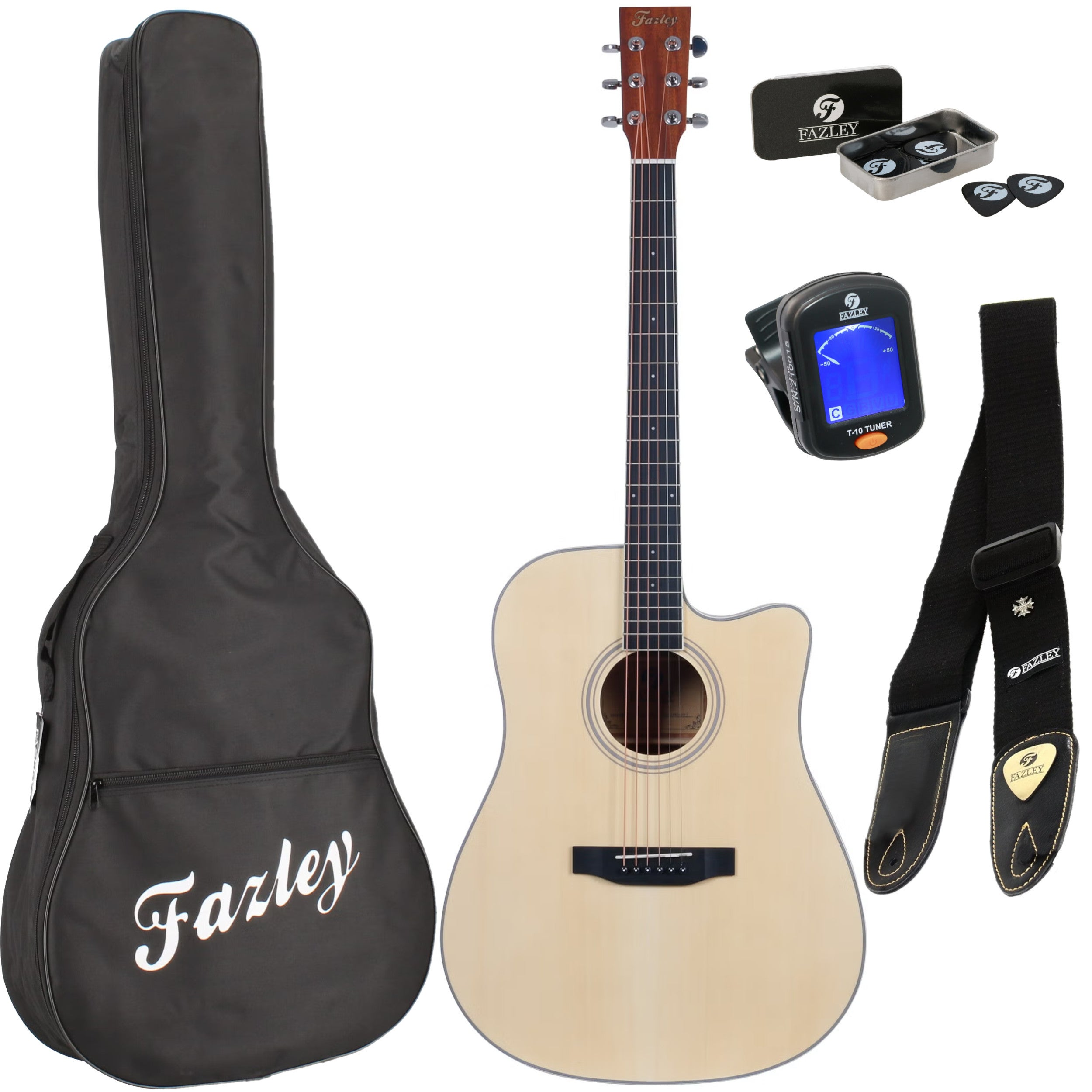 A light-colored acoustic guitar set with a bag, strap, picks, and tuner.