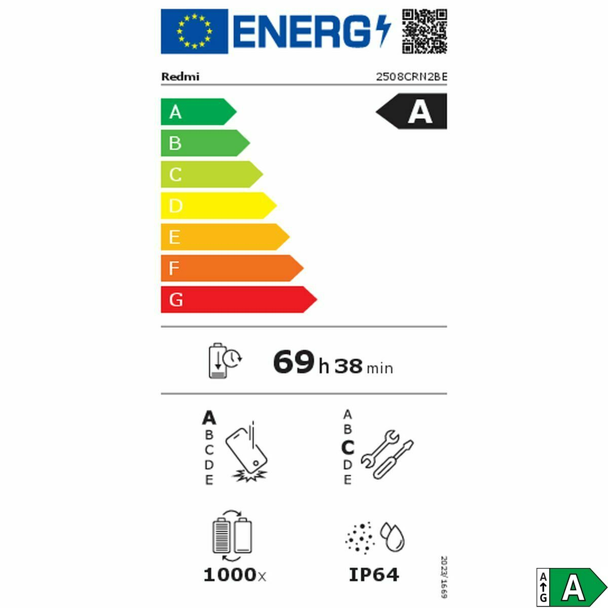 Etykieta energetyczna skala A-G, klasa A, czas pracy 69h 38min, IP64.