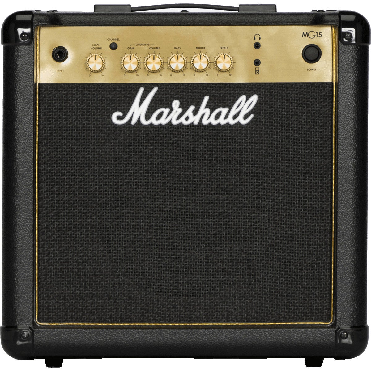 A black Marshall MG15 guitar amplifier with gold controls and speaker grille.