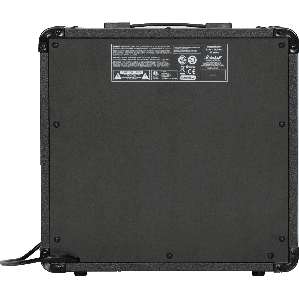 Back of a black Marshall amplifier with warning labels and model information.