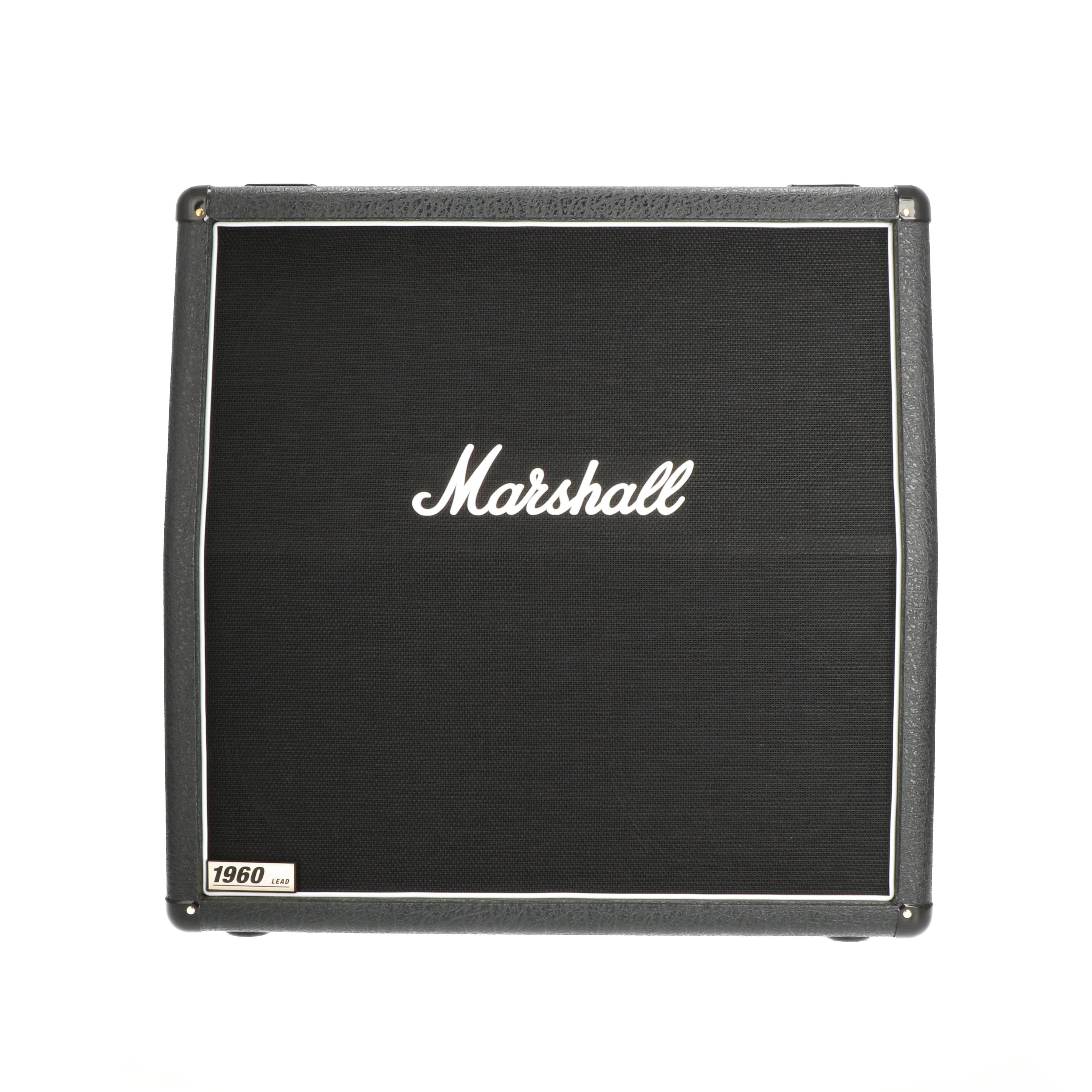Black Marshall guitar speaker cabinet with white logo and label.