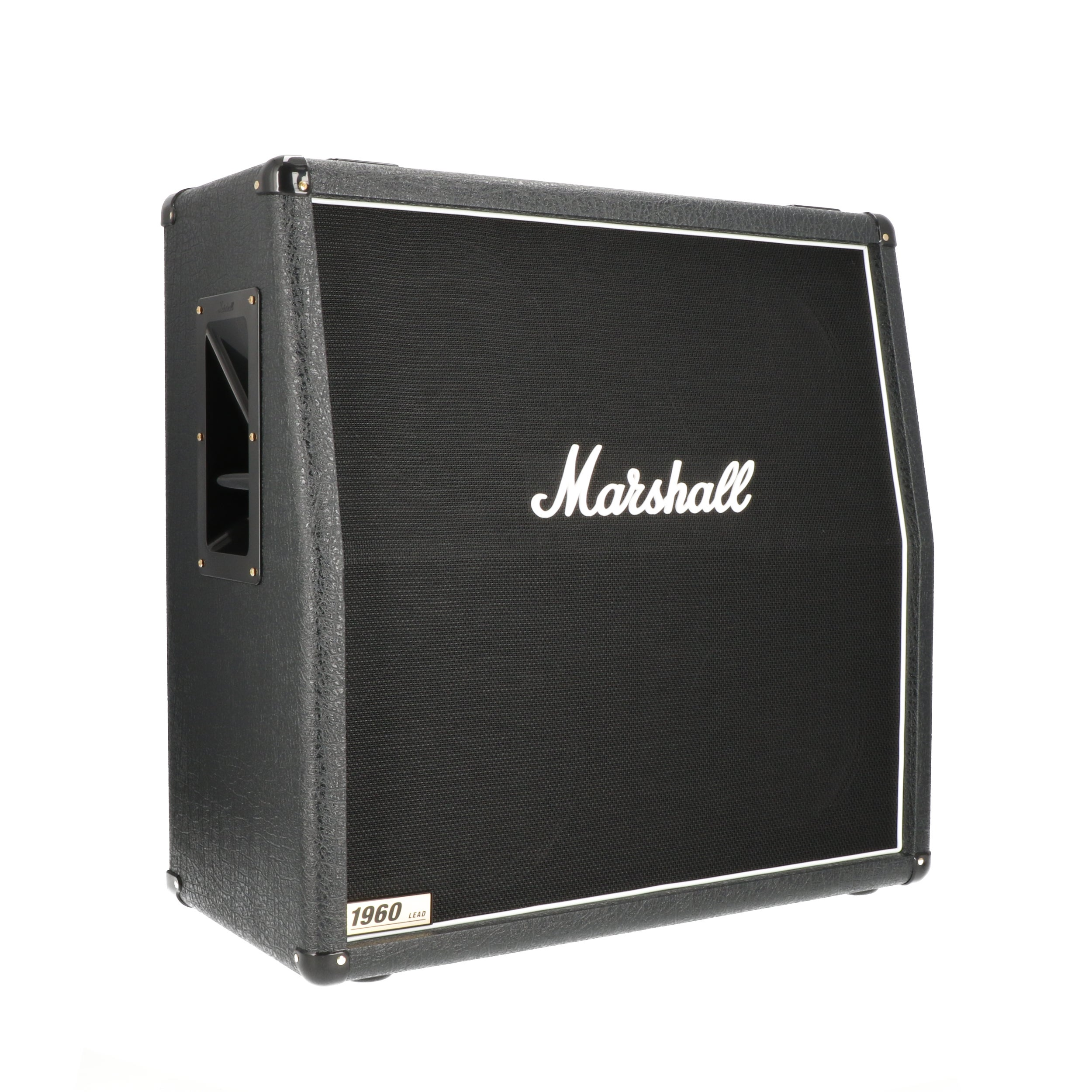 Black Marshall 1960 guitar speaker cabinet with white logo and trim.