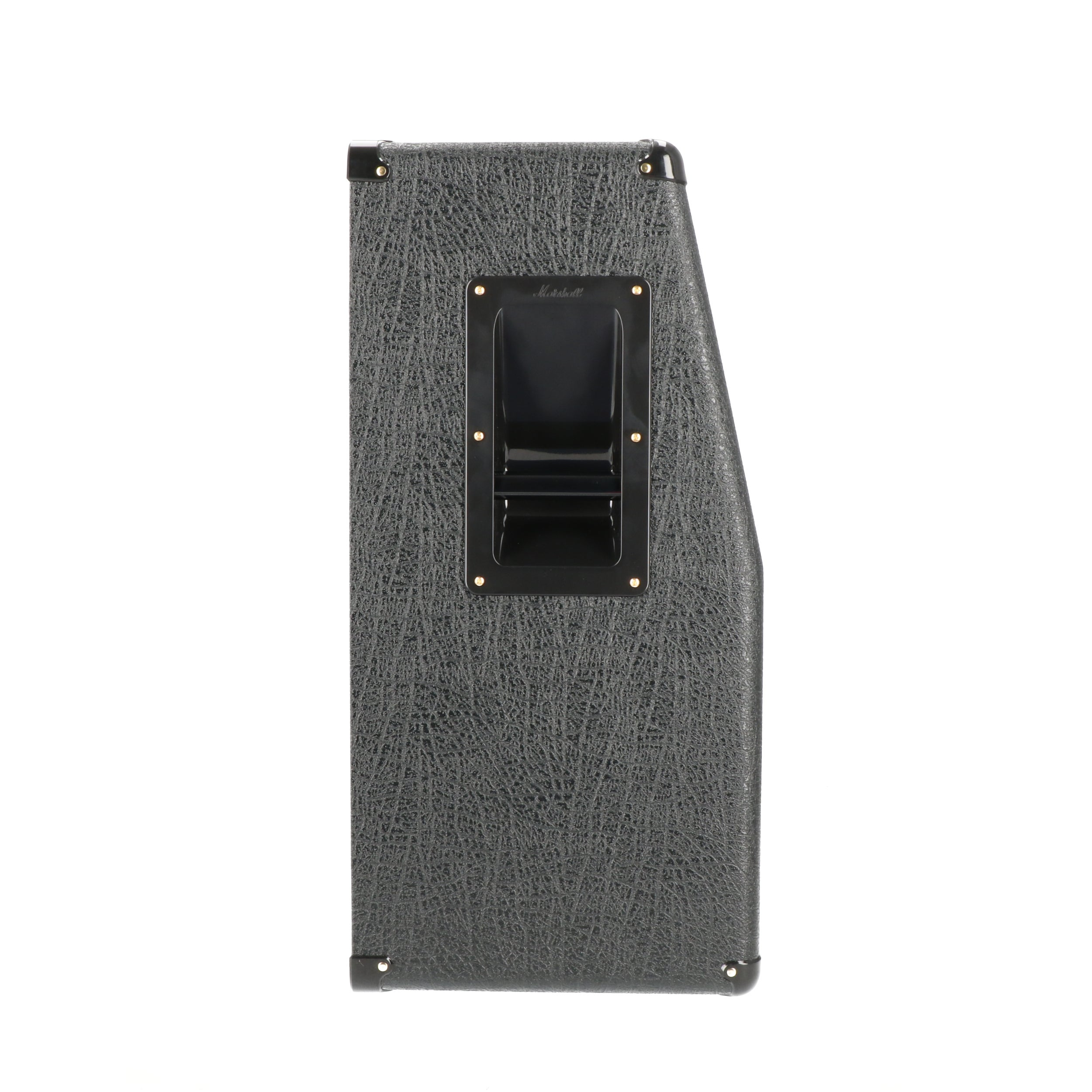 Gray Marshall amp speaker cabinet with black handle.
