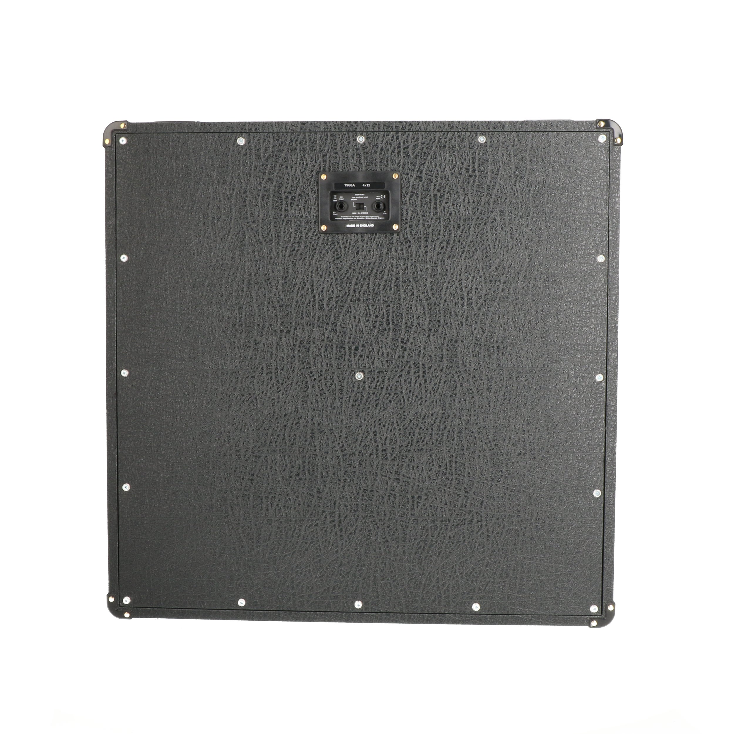 Back of a black guitar cabinet with connectors and labeling.