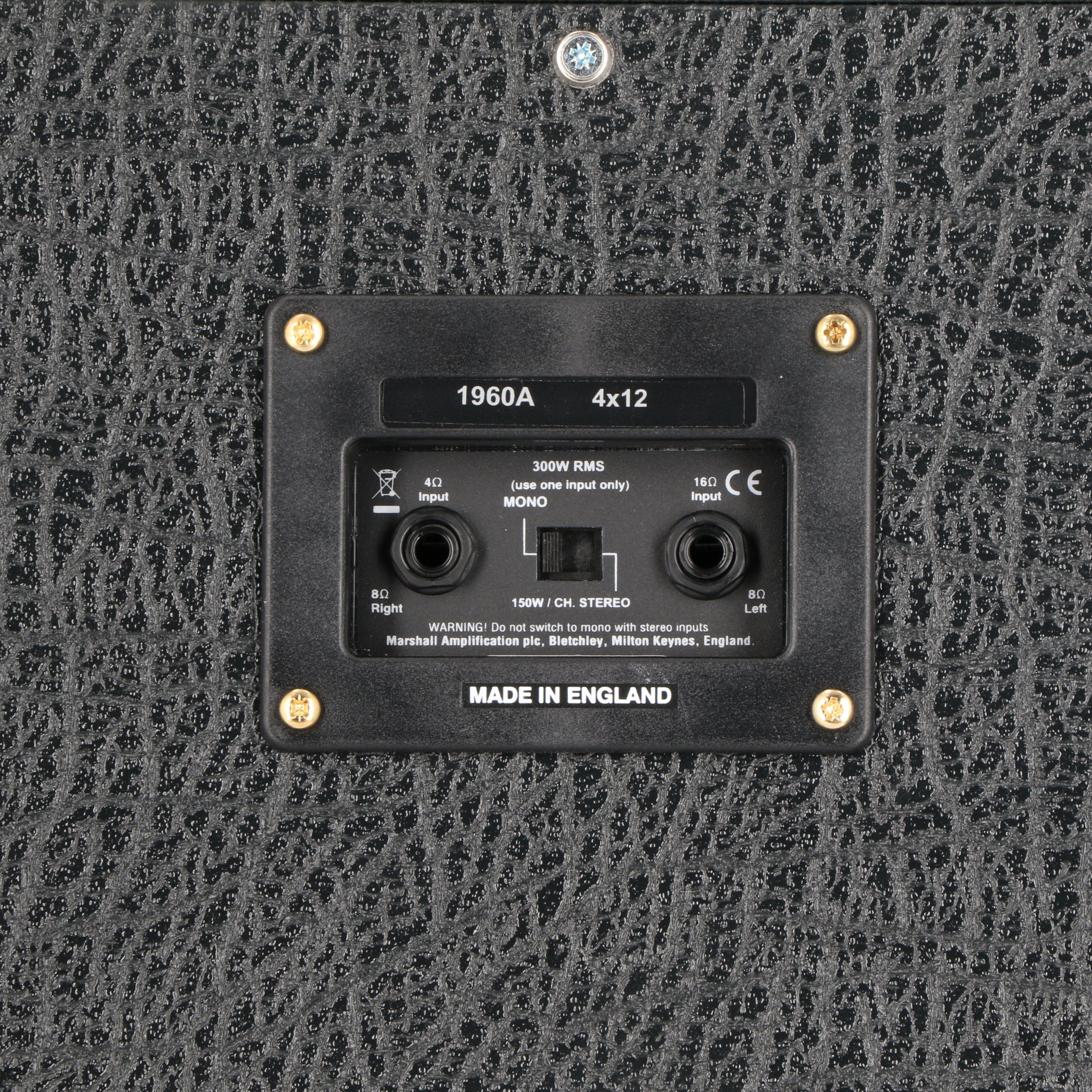 Rear panel of a Marshall 1960A 4x12 amplifier, showing inputs and specifications.