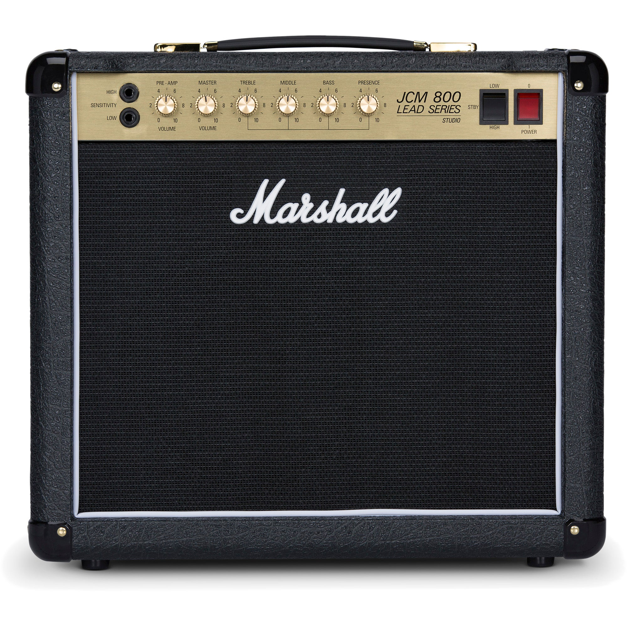 Een zwarte Marshall JCM 800 Lead Series Studio versterker met zwart luidsprekergrill.