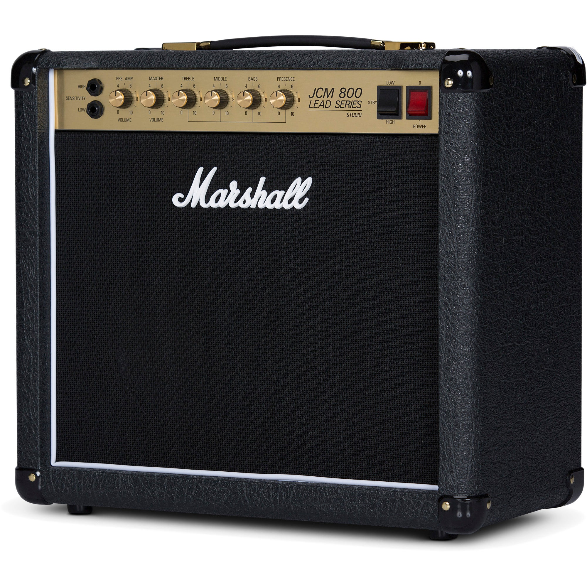 Een zwarte Marshall JCM 800 gitaarversterker met gouden bedieningselementen en Marshall-logo.