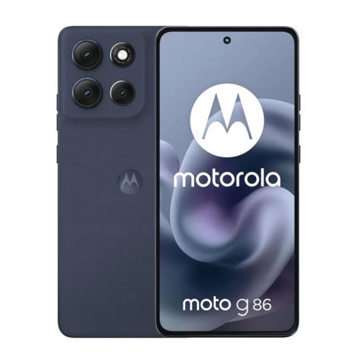 Ciemnoniebieski smartfon Motorola Moto G86 z poczwórnym aparatem tylnym i logo Motoroli.