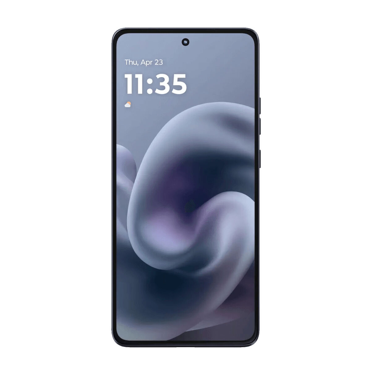 Smartfon z ciemną ramką i abstrakcyjnym fioletowo-niebieskim tłem.