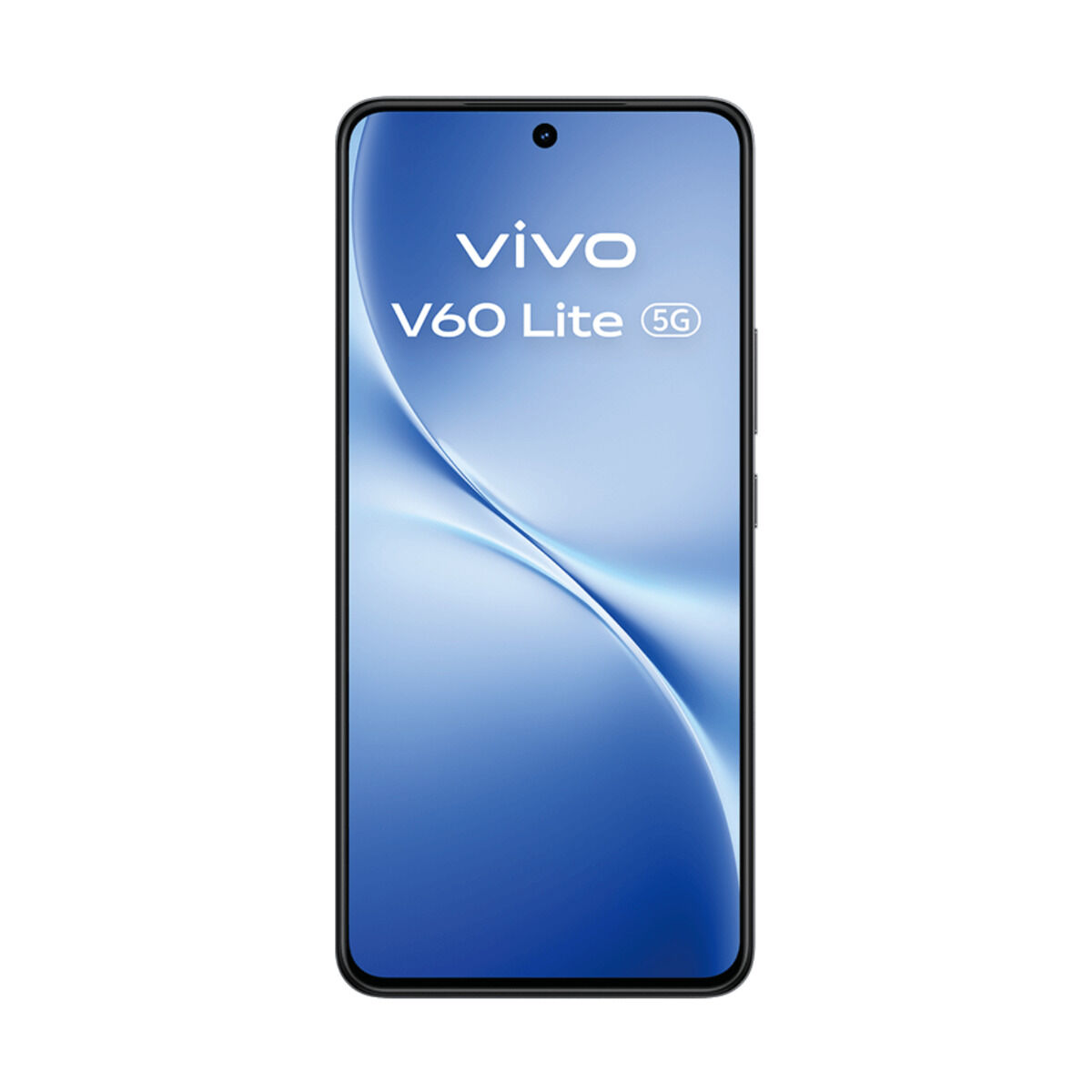Czarny smartfon Vivo V60 Lite 5G z niebieską tapetą.