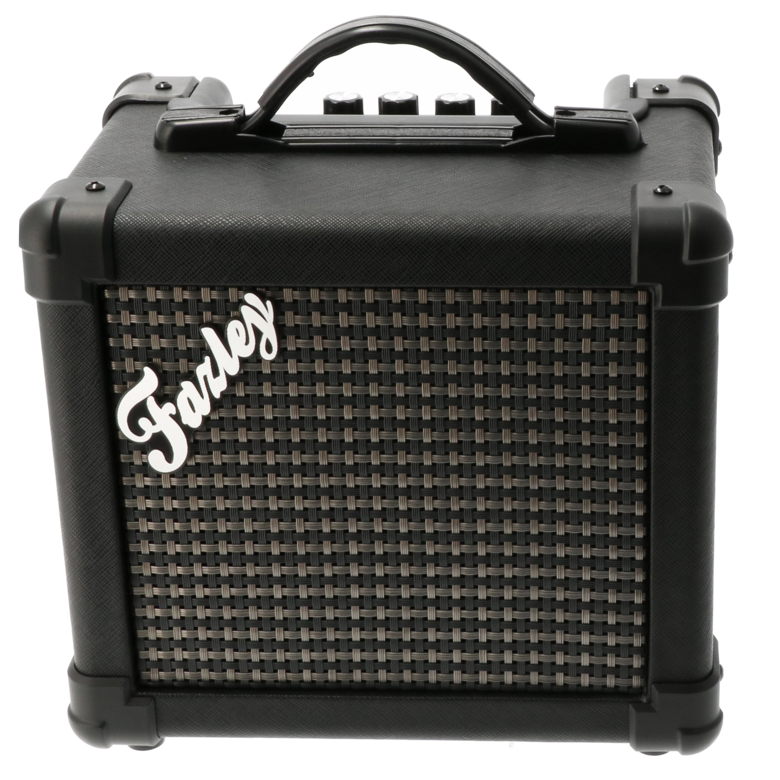 Zwarte gitaarversterker met geweven stoffen grille en "Farley" logo.