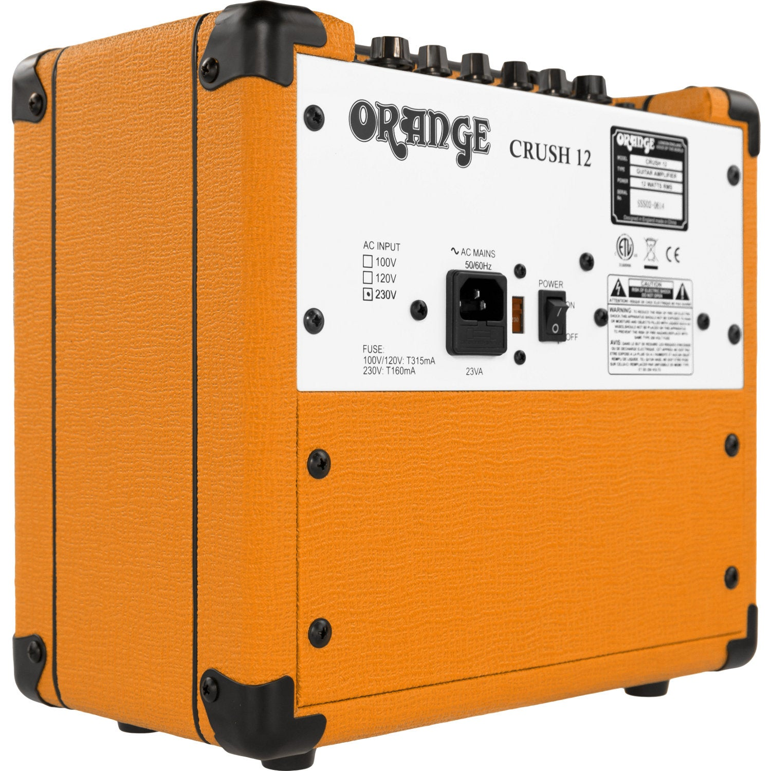Back of an orange guitar amplifier with ports and labels.
