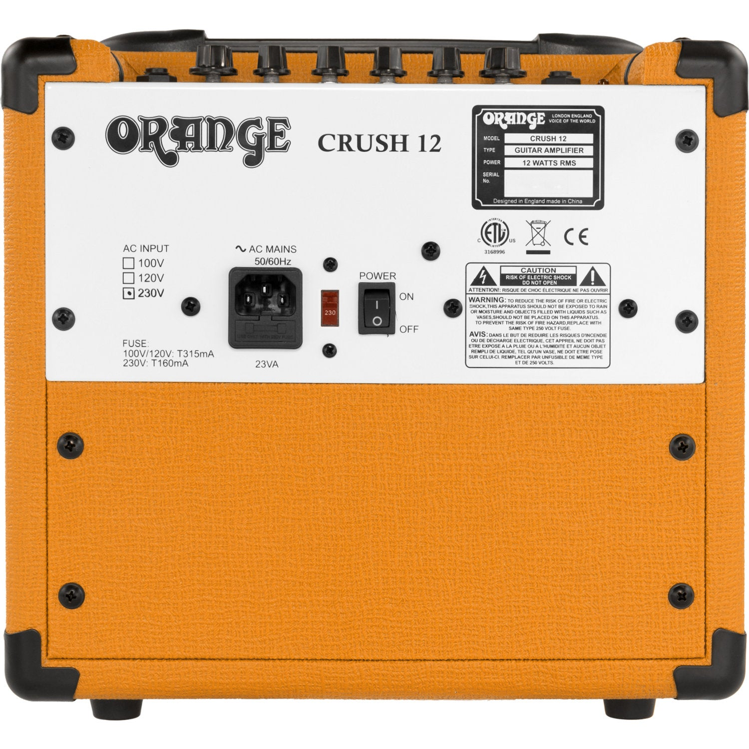 Back of an orange guitar amplifier with labels and connectors.