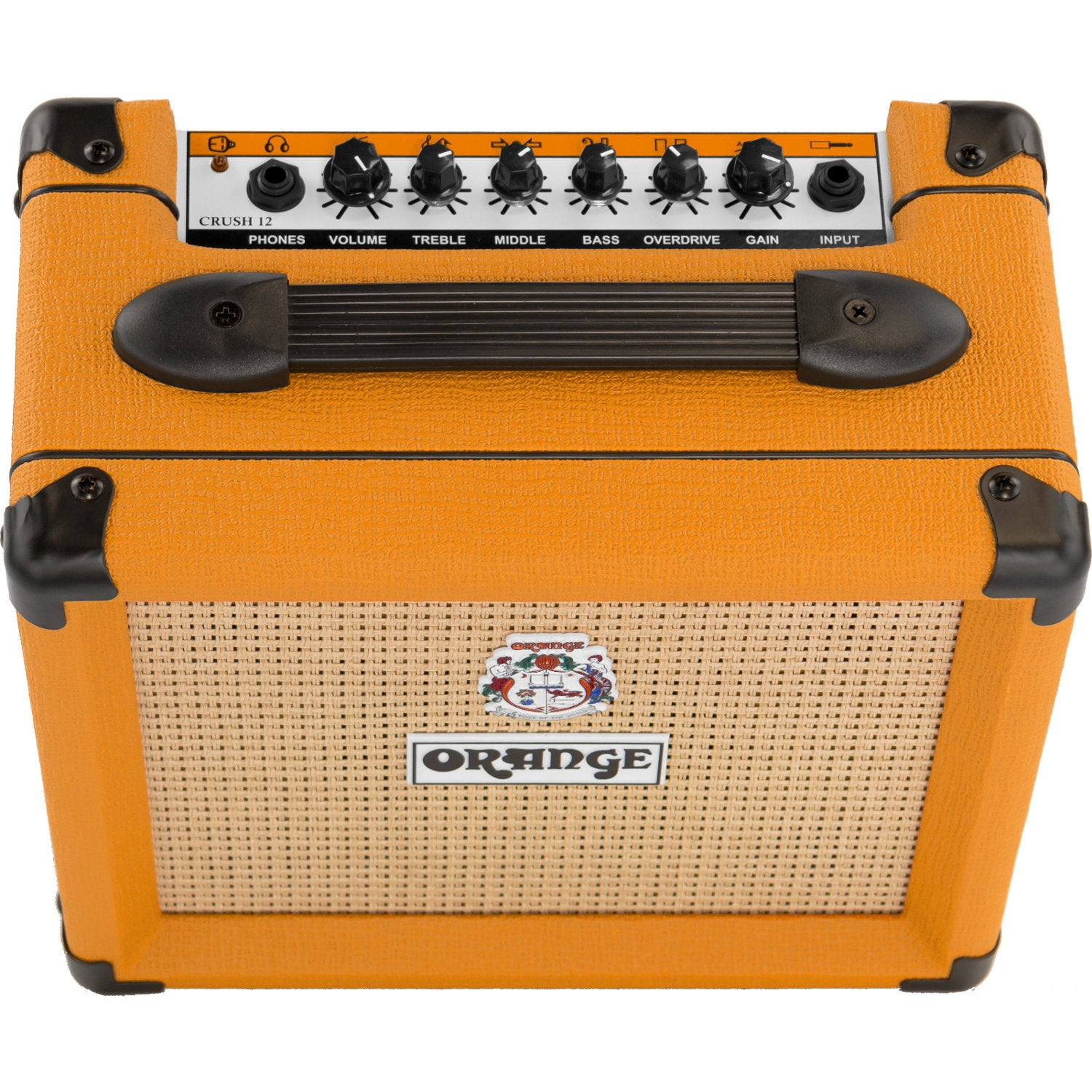 A small orange guitar amplifier with a black handle and control knobs.