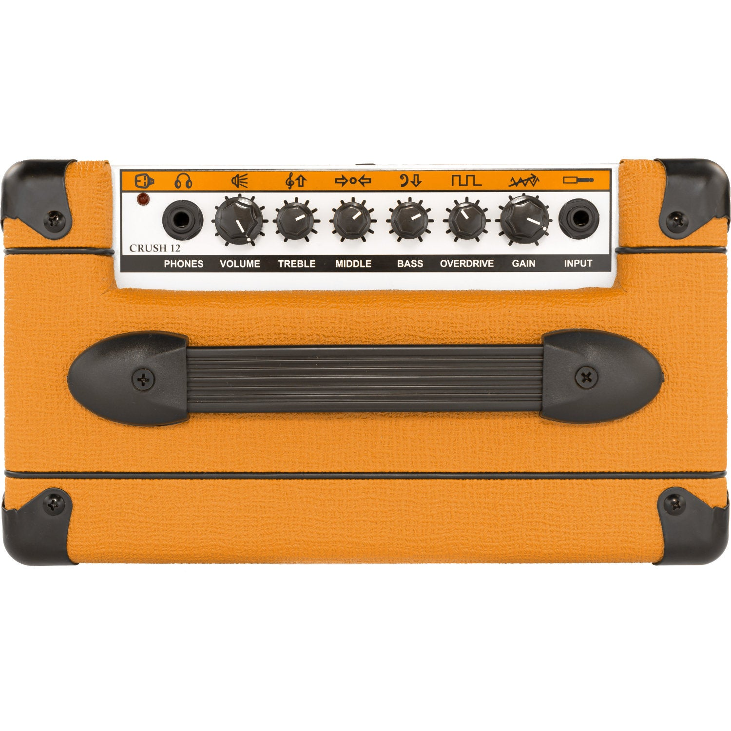 An orange guitar amplifier with knobs and jacks. CRUSH 12 model.