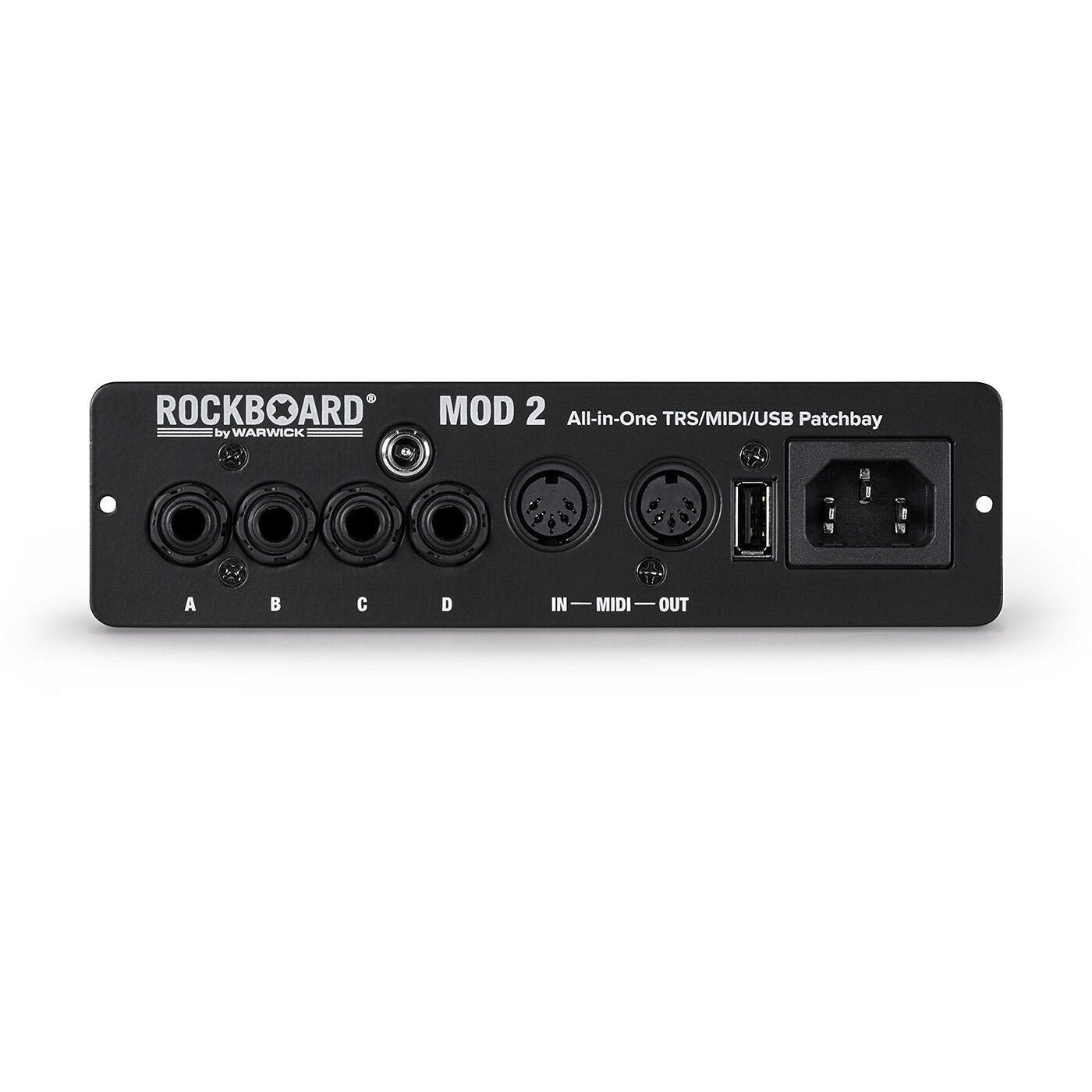 Rockboard Mod 2 patchbay met TRS, MIDI en USB poorten, en stroomingang.