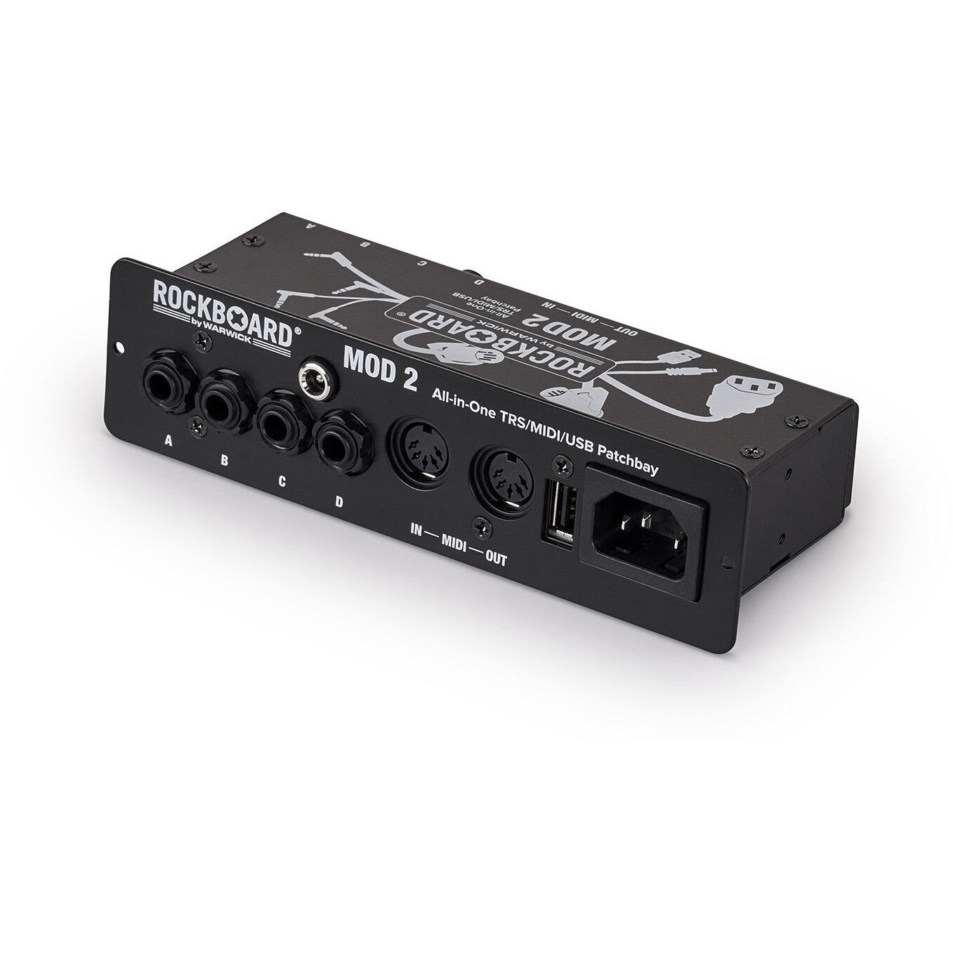 Een zwarte Rockboard Mod 2 patchbay met TRS-, MIDI- en USB-aansluitingen.
