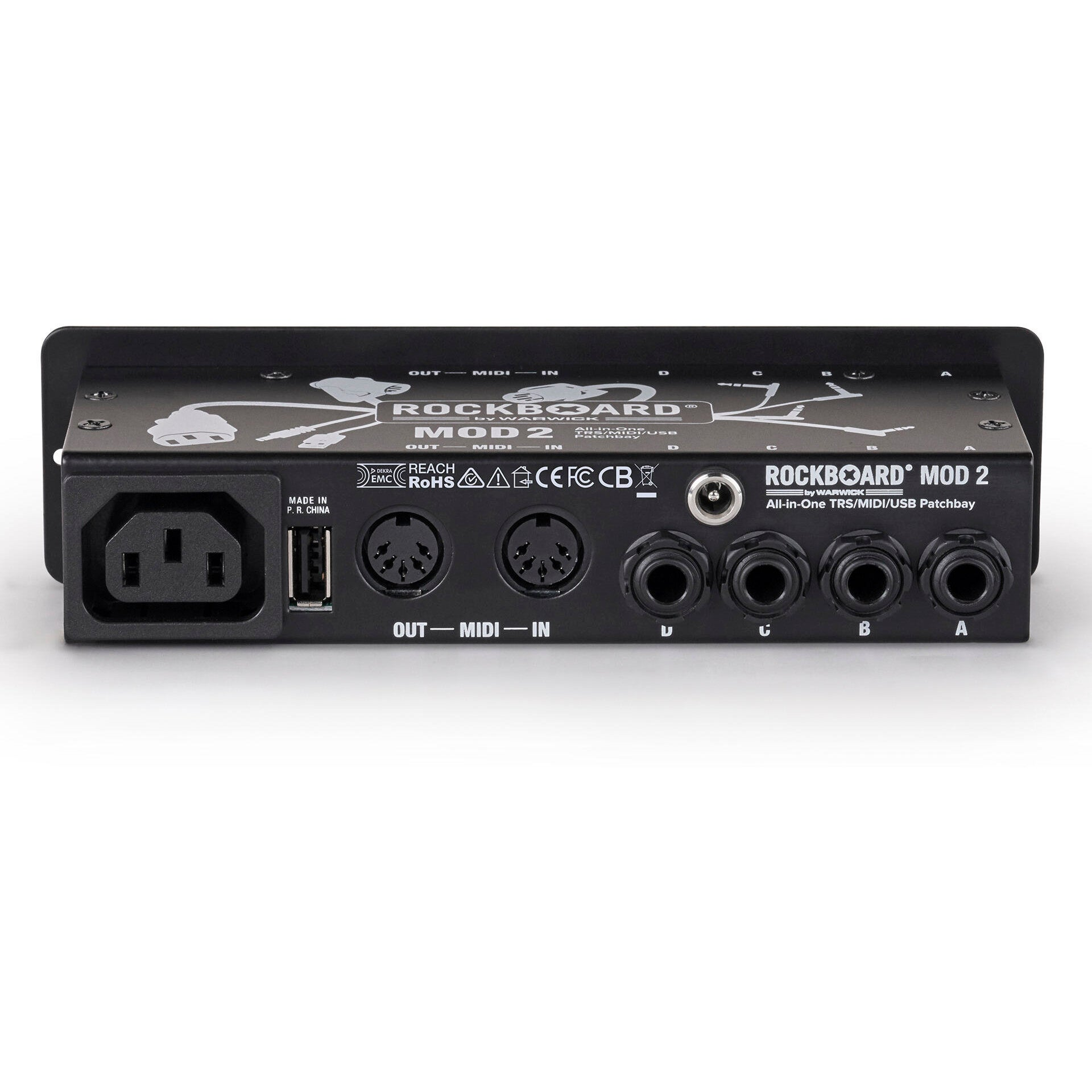 Achterkant van een zwarte Rockboard Mod 2 patchbay met connectoren.