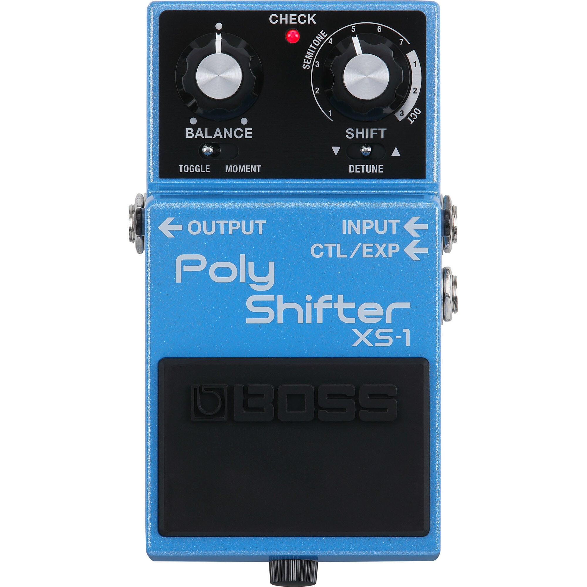 Blauw BOSS Poly Shifter XS-1 vloeffectpedaal met knoppen en schakelaars.