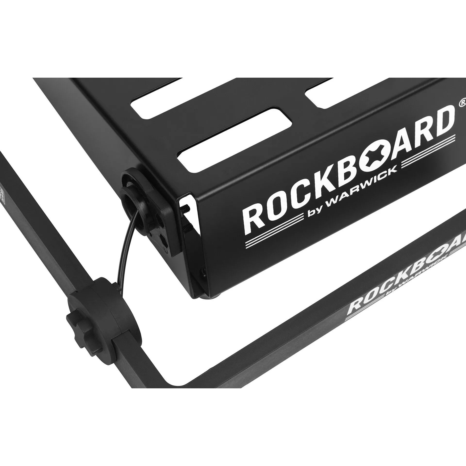 Black Rockboard pedalboard with silver logo and adjustable legs.