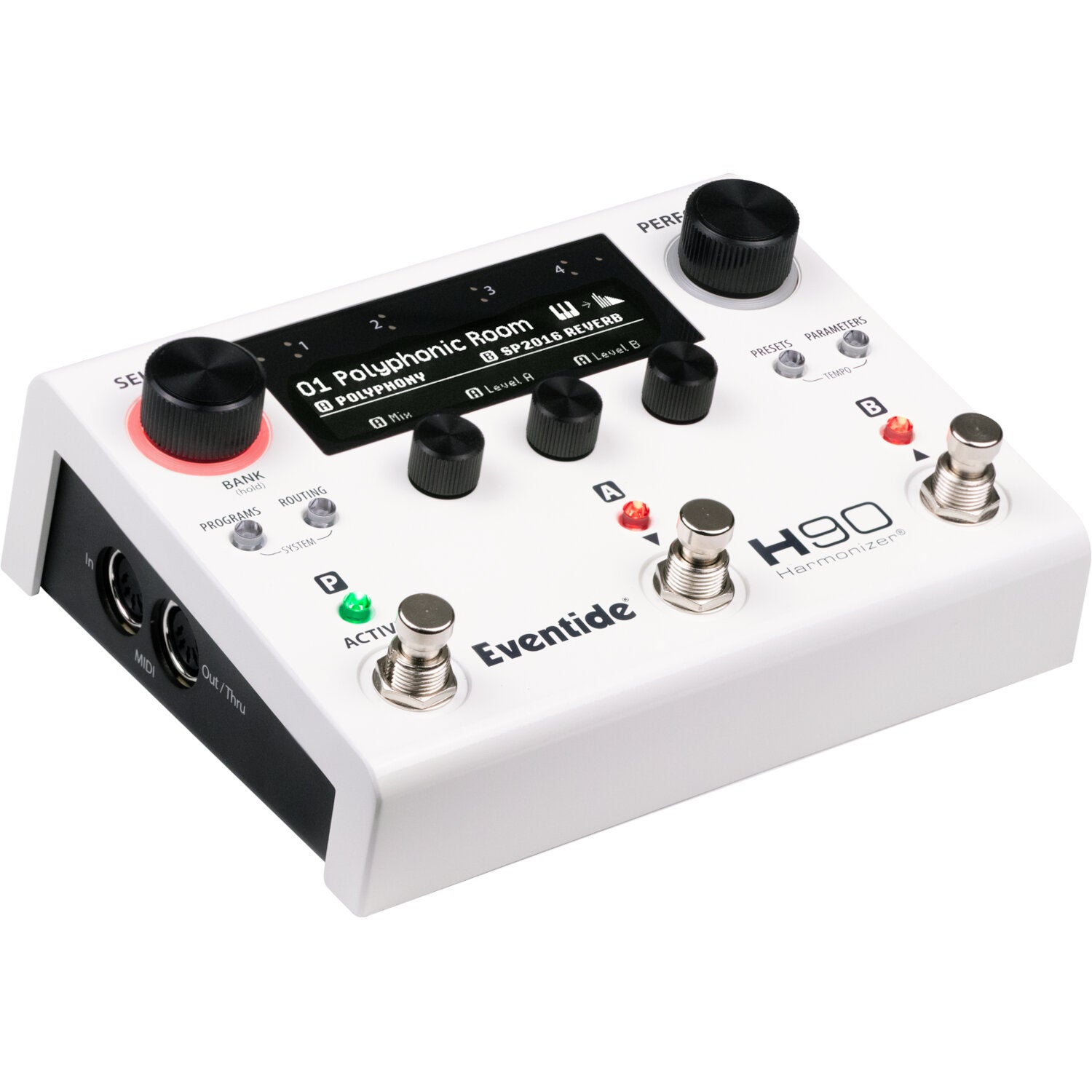 Een wit Eventide H90 Harmonizer pedaal met knoppen, scherm en voetschakelaars.