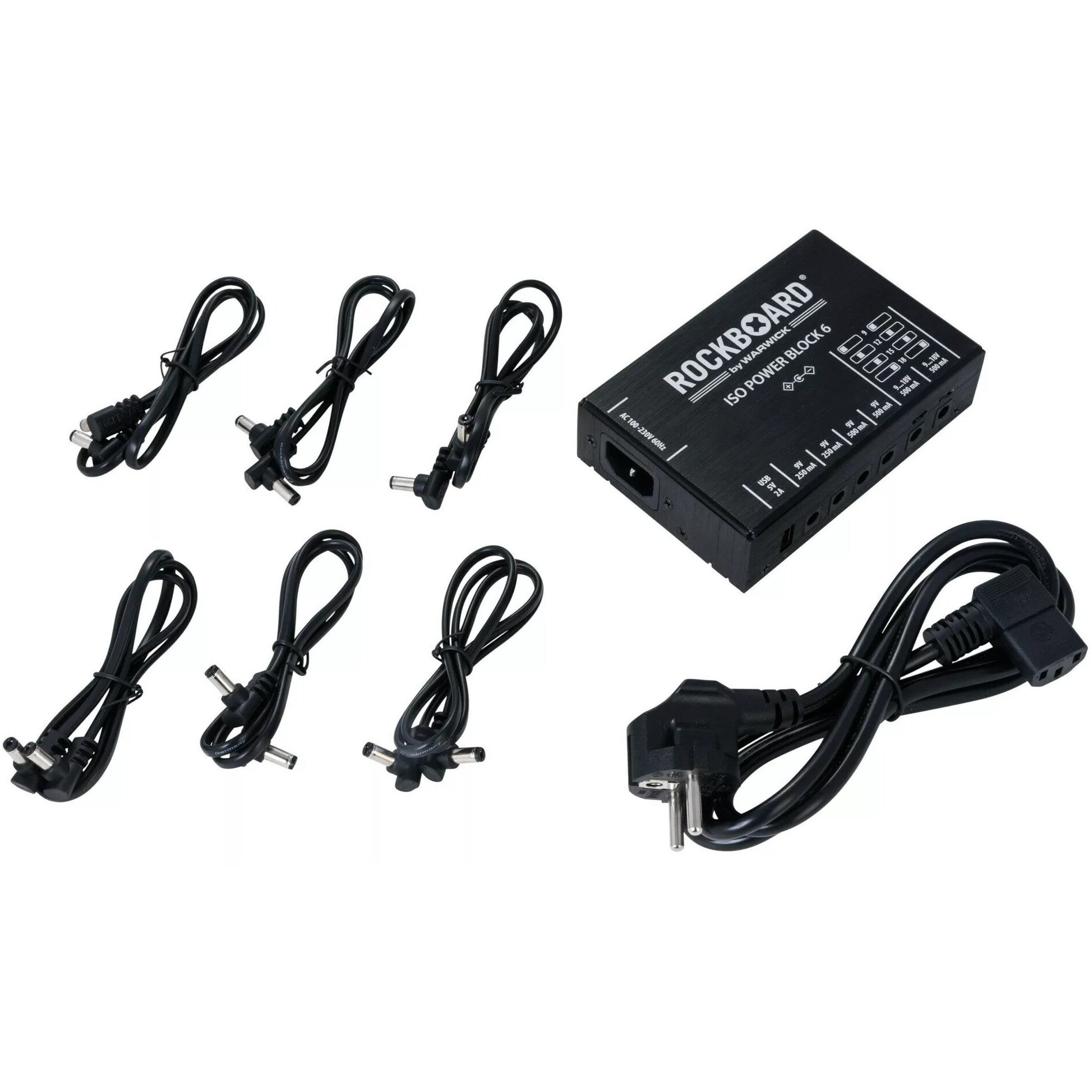 Zwarte Rockboard ISO Power Block 6 met kabels en stekker.
