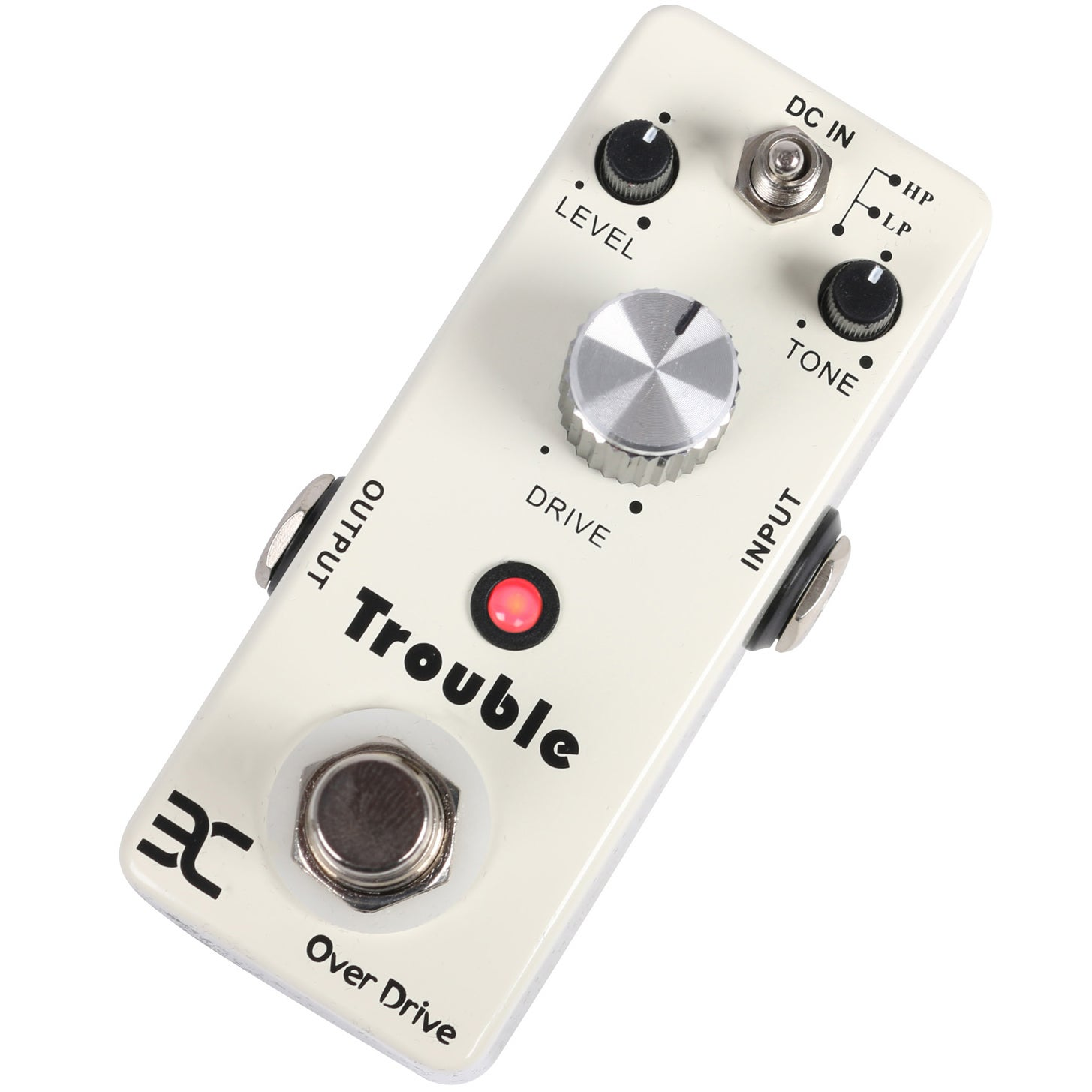 Een wit overdrive gitaarpedaal met knoppen voor level, drive en toon.