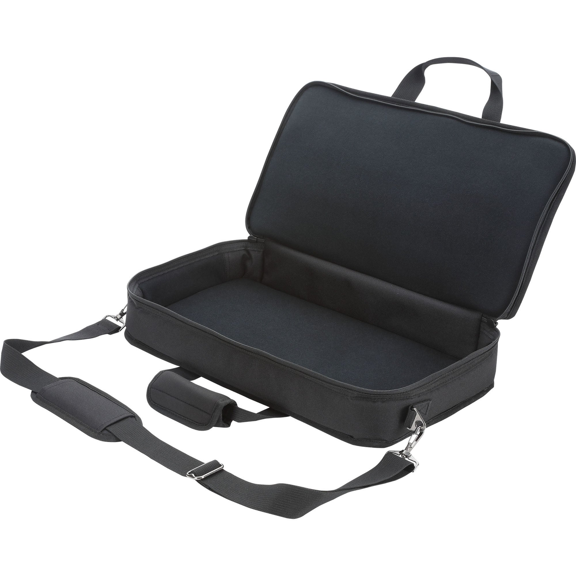 Zwarte tas met open deksel, schouderband en handvat.