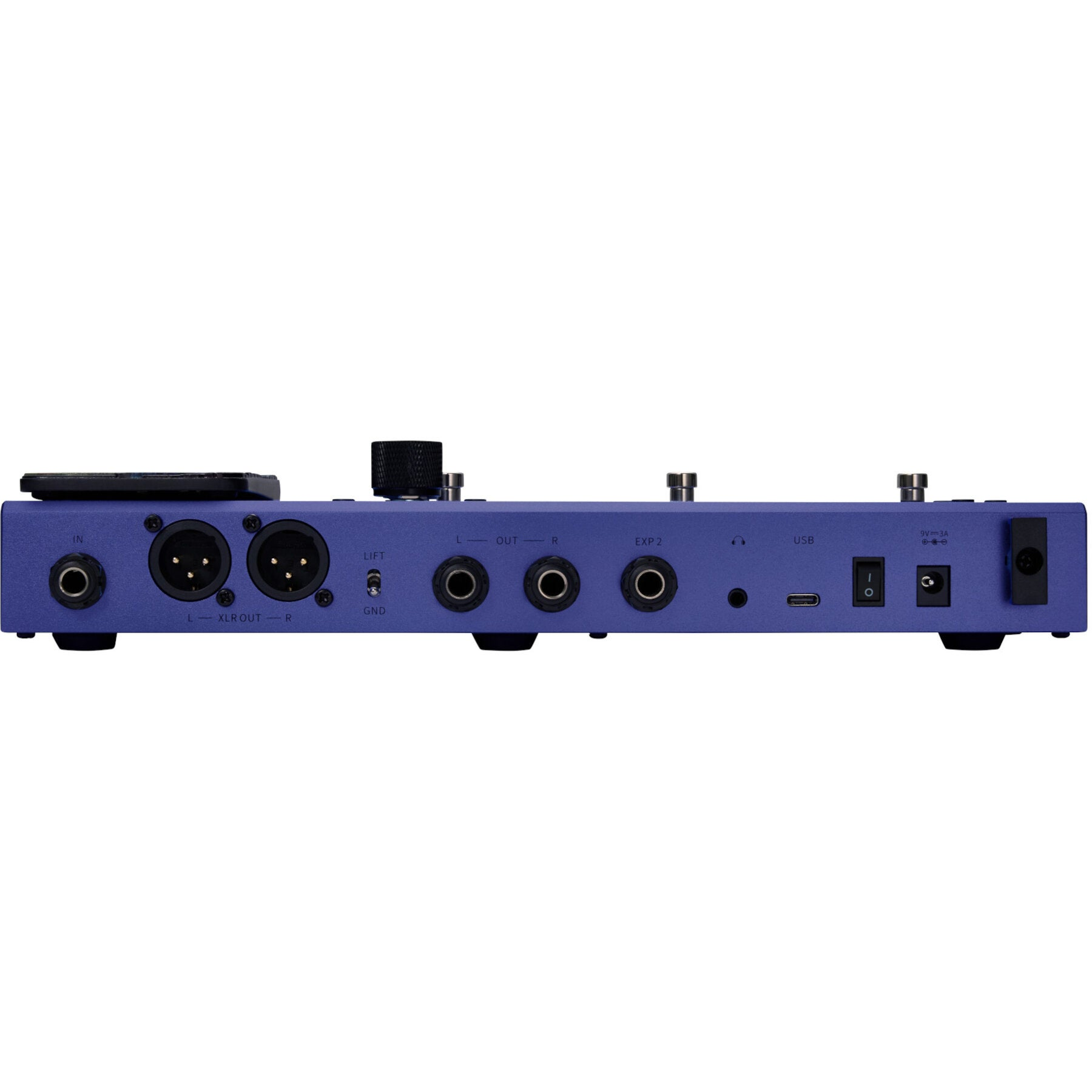 XLR ve jak bağlantılı mavi bir ses cihazı.