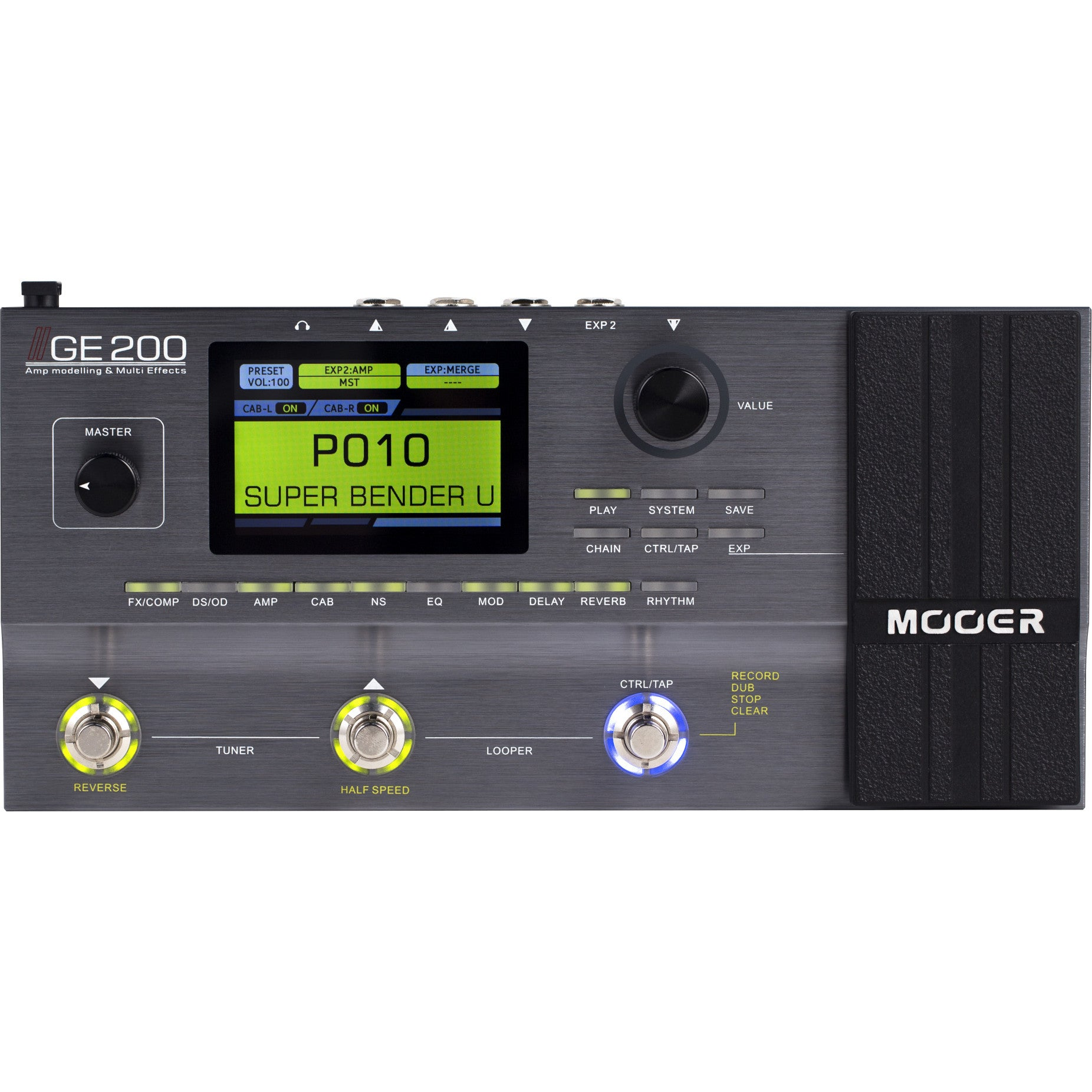 Mooer GE200 gitaareffectpedaal met scherm, knoppen, knoppen en voetschakelaars.