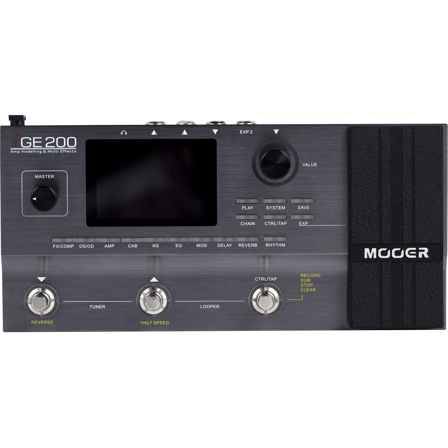 Een Mooer GE200 gitaar multi-effectpedaal met scherm, knoppen en voetschakelaars.