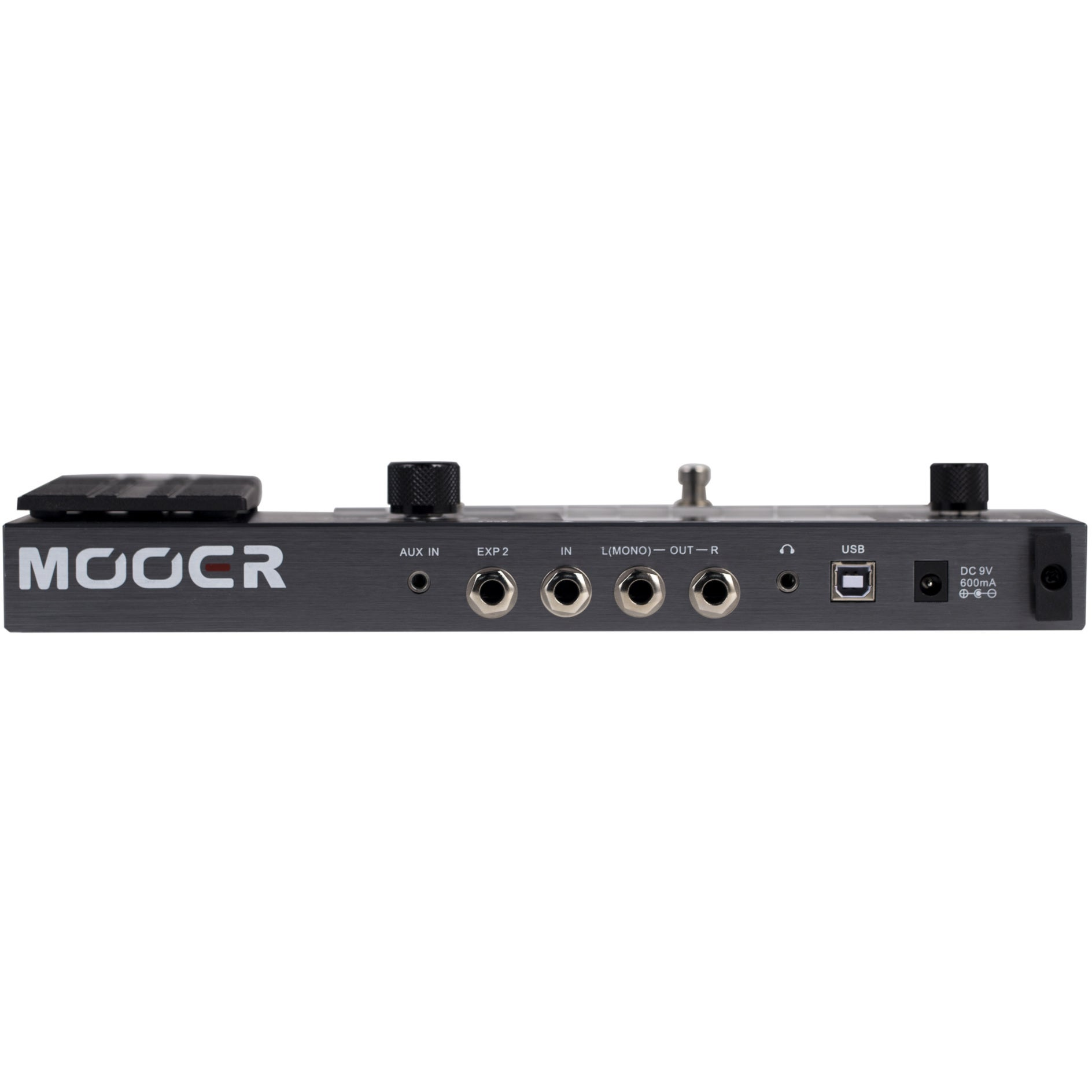 Grijs effectpedaal met poorten: AUX IN, EXP 2, IN, L(MONO)-OUT-R, USB.
