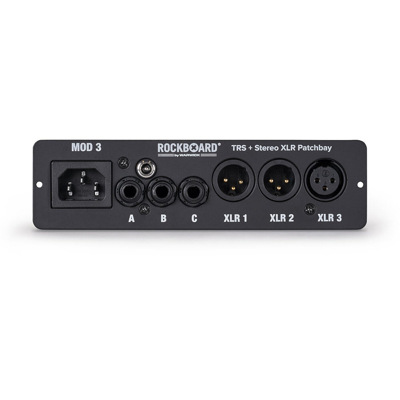 Zwarte RockBoard MOD 3 patchbay met XLR en TRS aansluitingen.