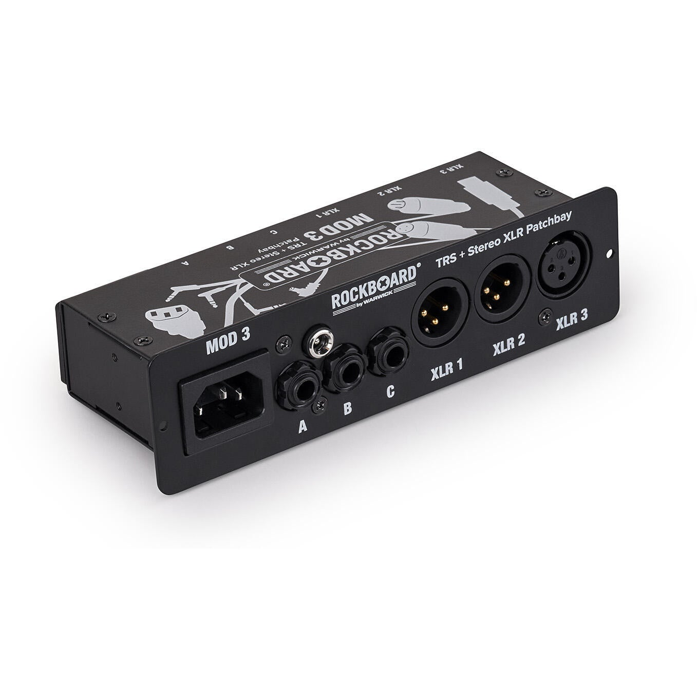 Een zwarte Rockboard TRS + Stereo XLR patchbay met connectoren.