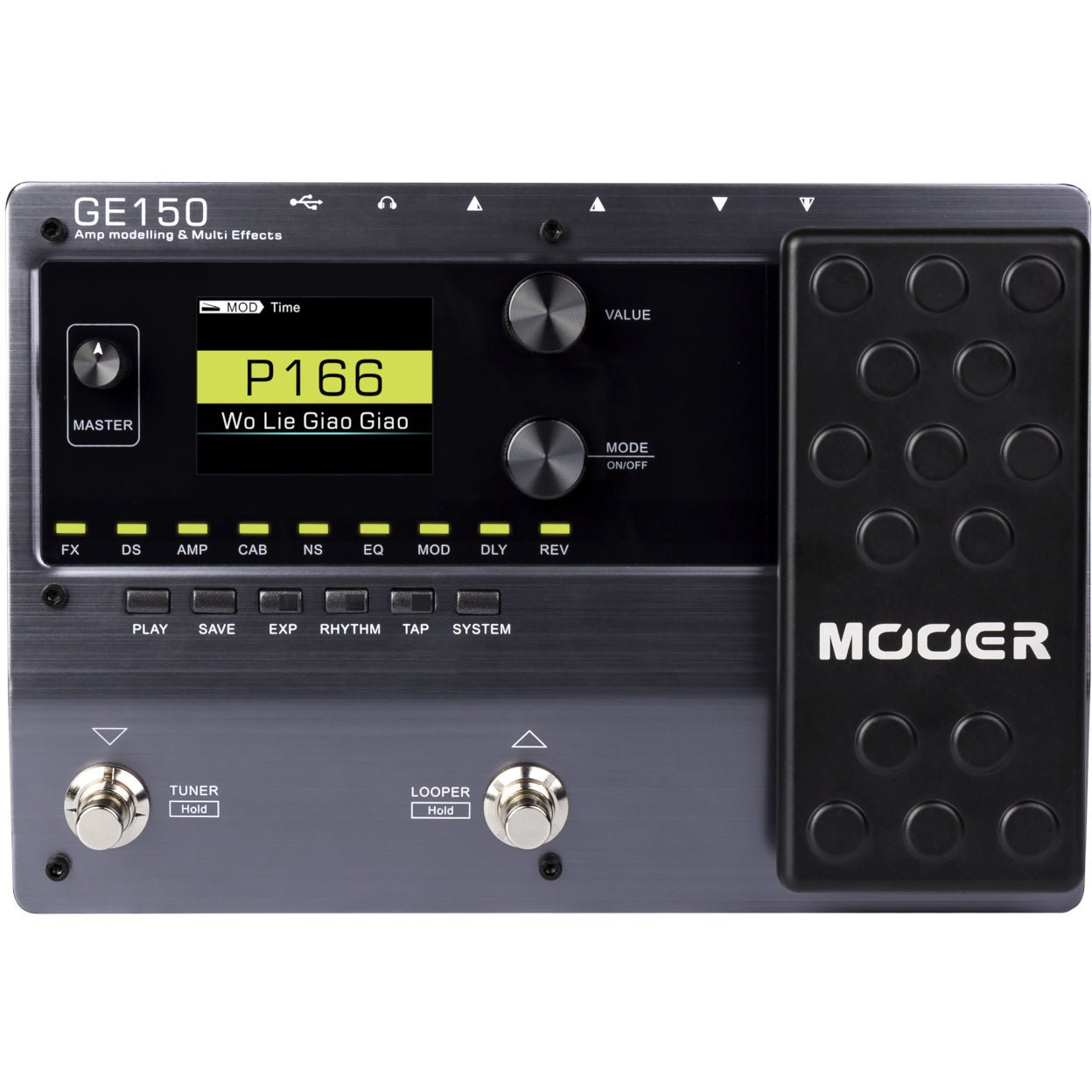 Mooer GE150 amp-modulator met display, knoppen, knoppen en voetpedalen.