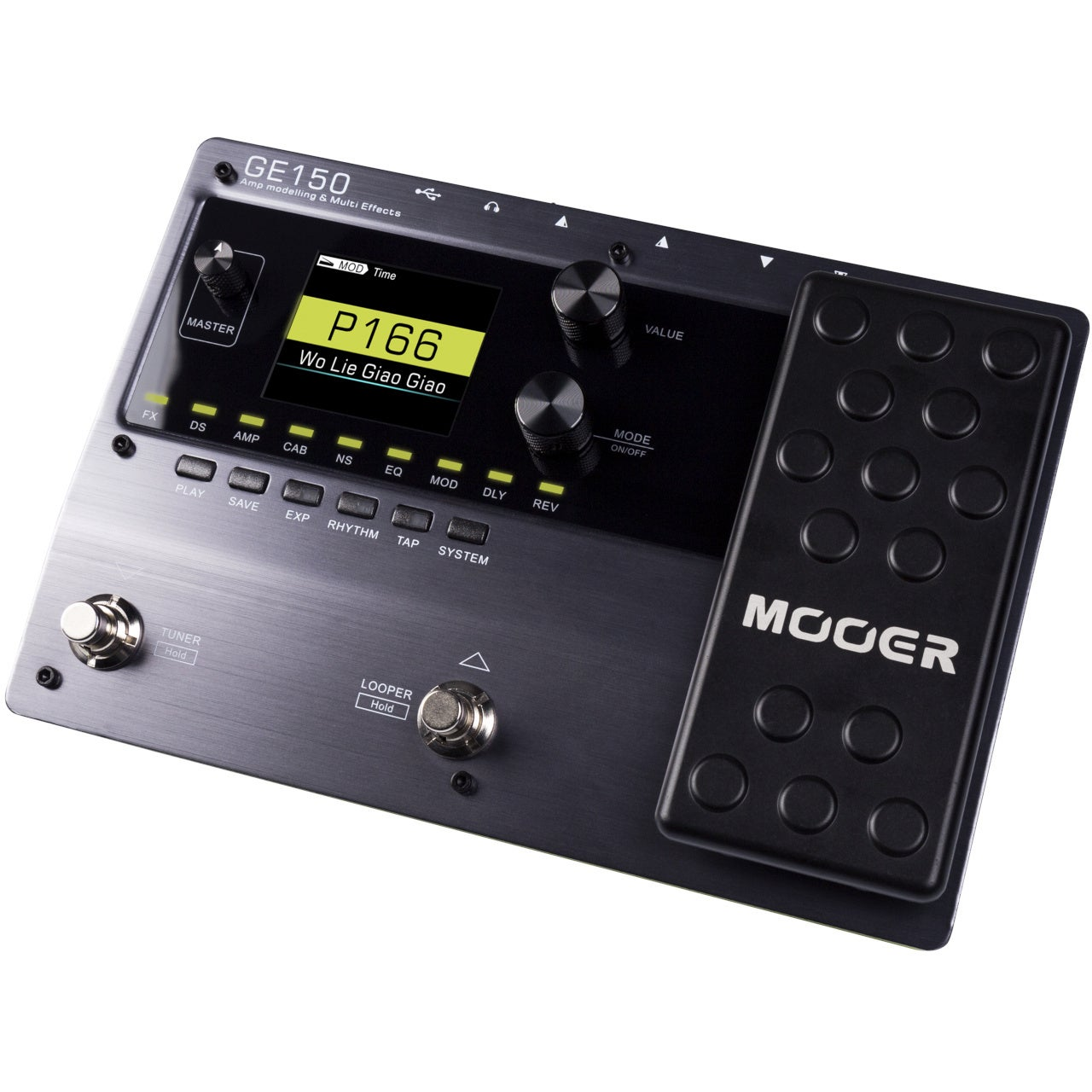Een MOOER GE150 gitaar multi-effectpedaal met display, knoppen en pedalen.