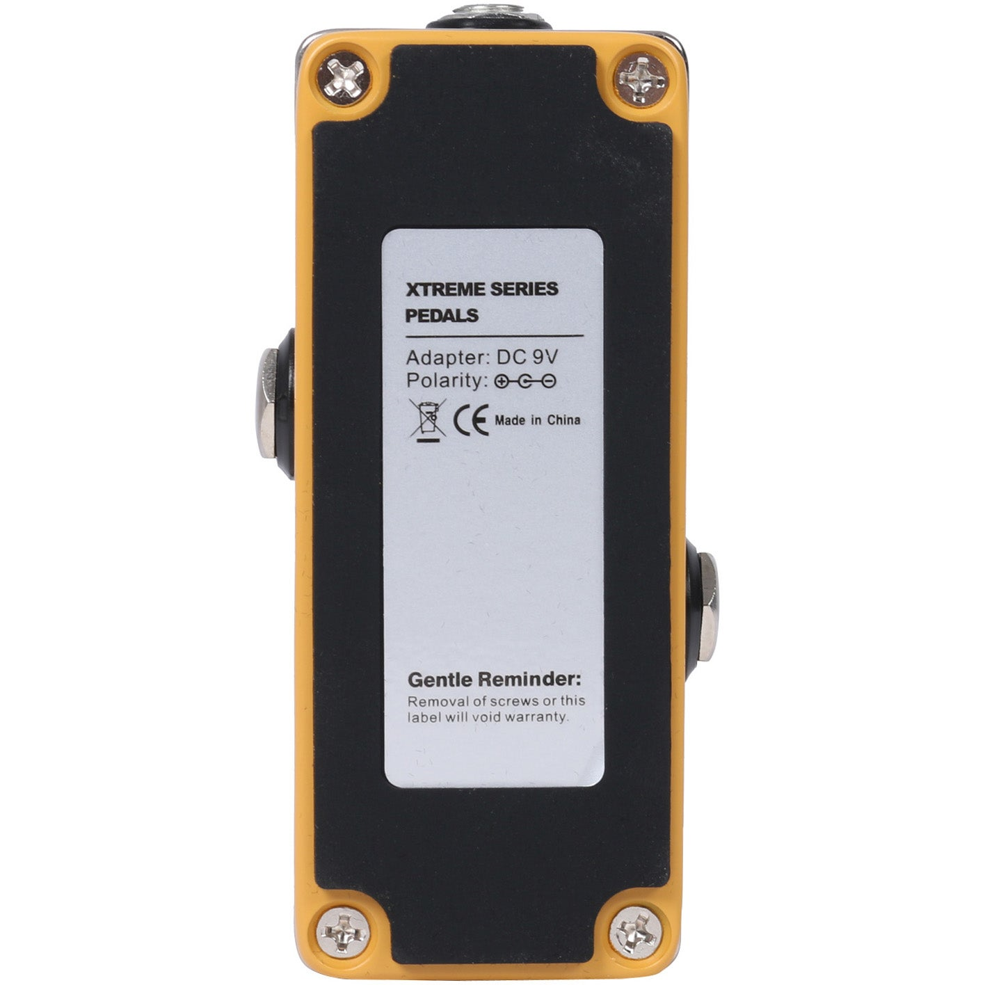 Geel pedaal met zwarte sticker: XTREME SERIES PEDALS, DC 9V, CE.