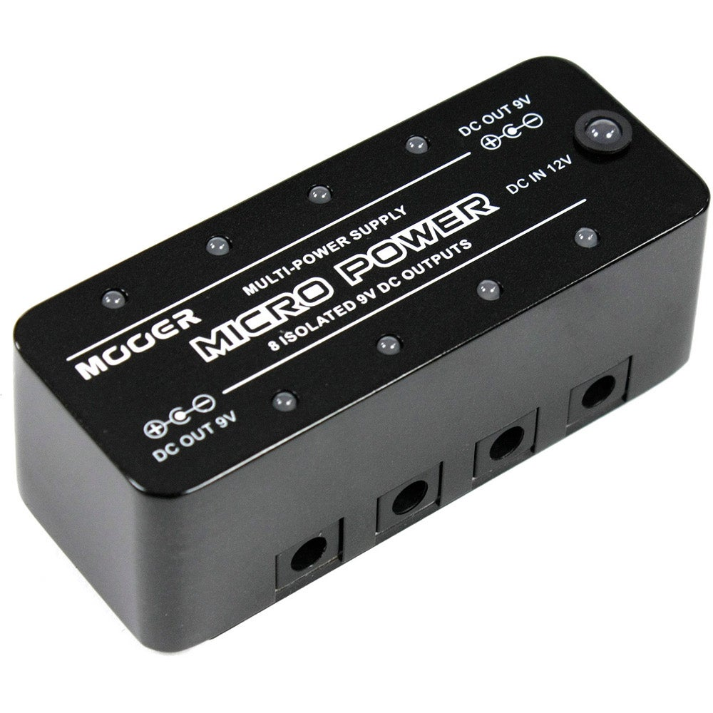 8 izoleli 9V DC çıkışlı ve 1 adet 12V DC girişli siyah Mooer Micro Power güç kaynağı.