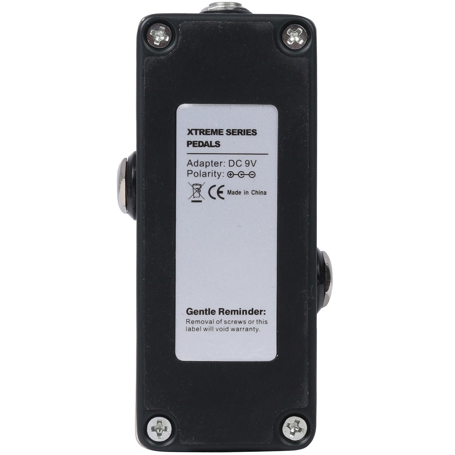 Zwart gitaarpedaal met label: XTREME SERIES PEDALS, 9V DC polariteit, CE-markering, Made in China.