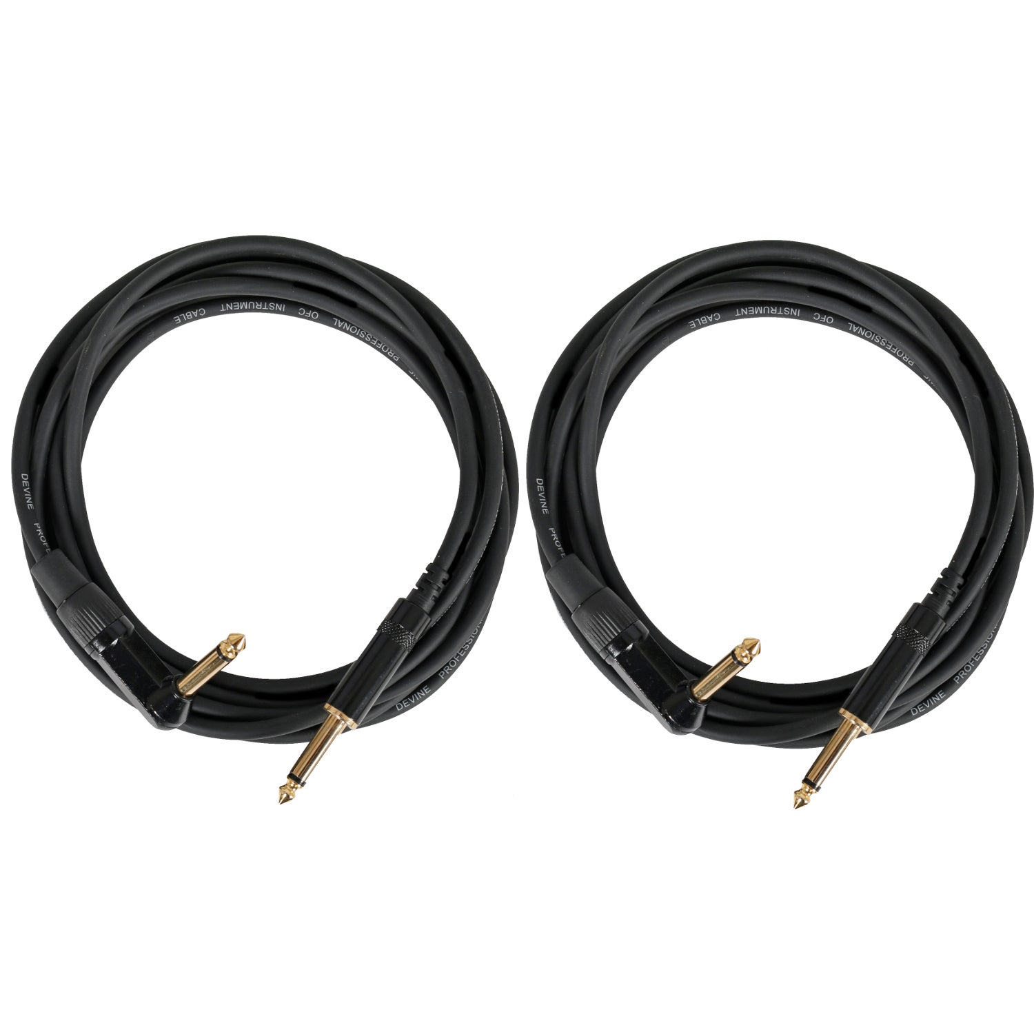 Twee zwarte instrumentkabels met vergulde pluggen, opgerold.