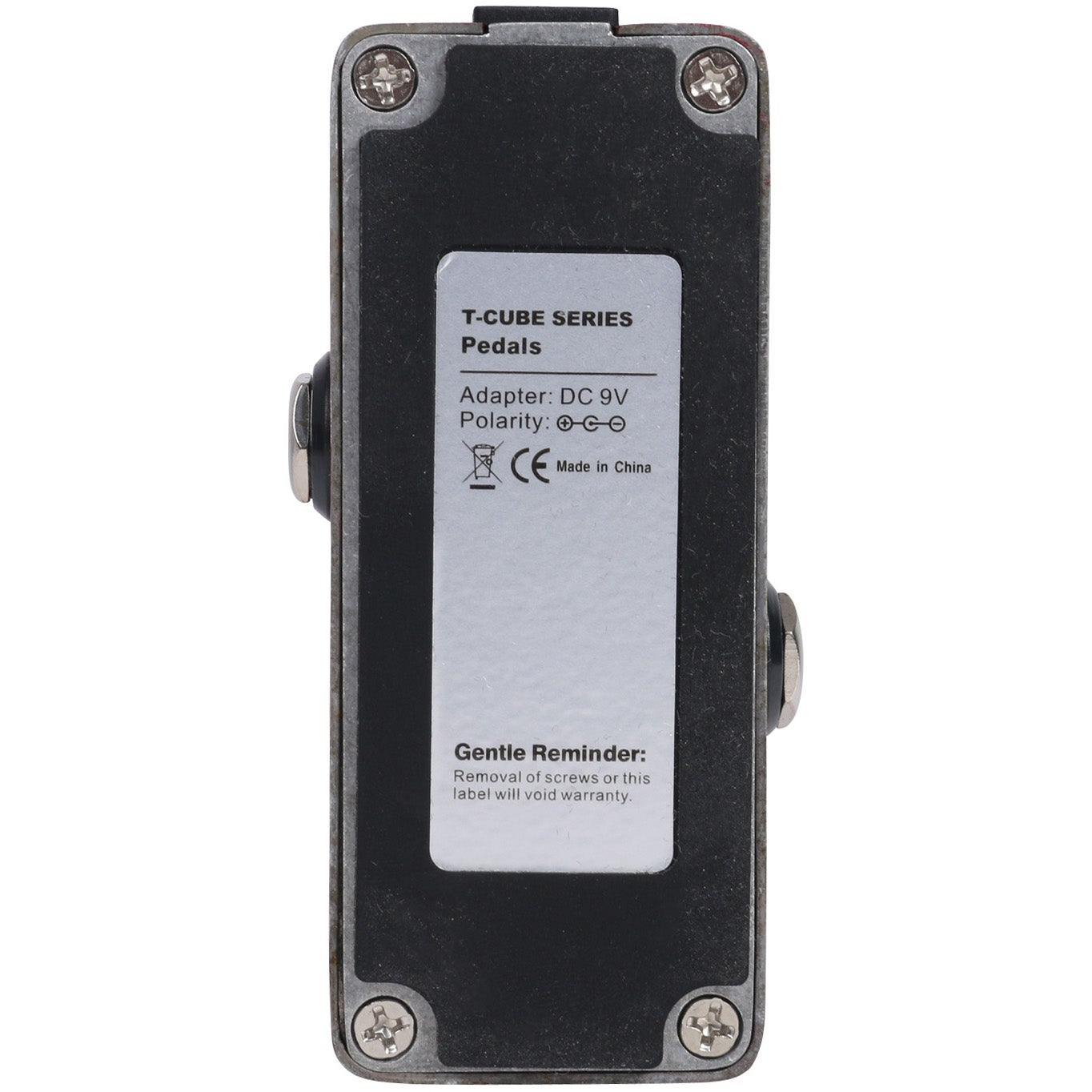 Achterkant van zwart effectpedaal met label: T-CUBE SERIES Pedals.