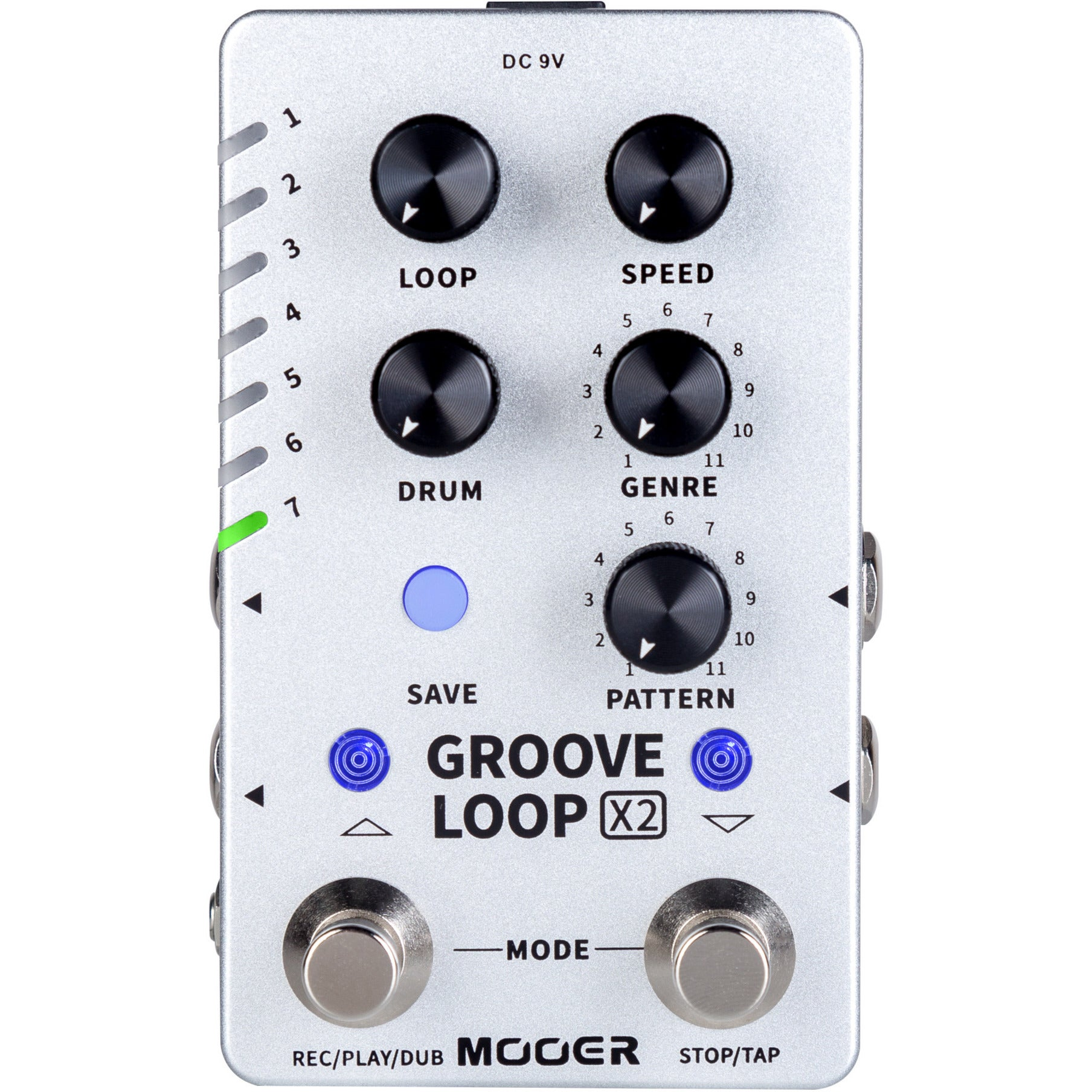 Loop, Speed, Drum, Genre, Pattern düğmeli gümüş Mooer Groove Loop X2 pedal.