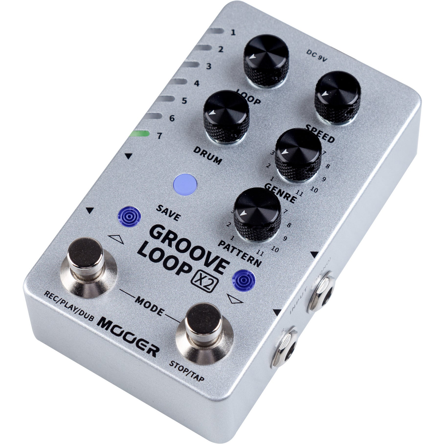 Siyah düğmeli ve ayaklı anahtarlı gümüş Mooer Groove Loop X2 looper peda.