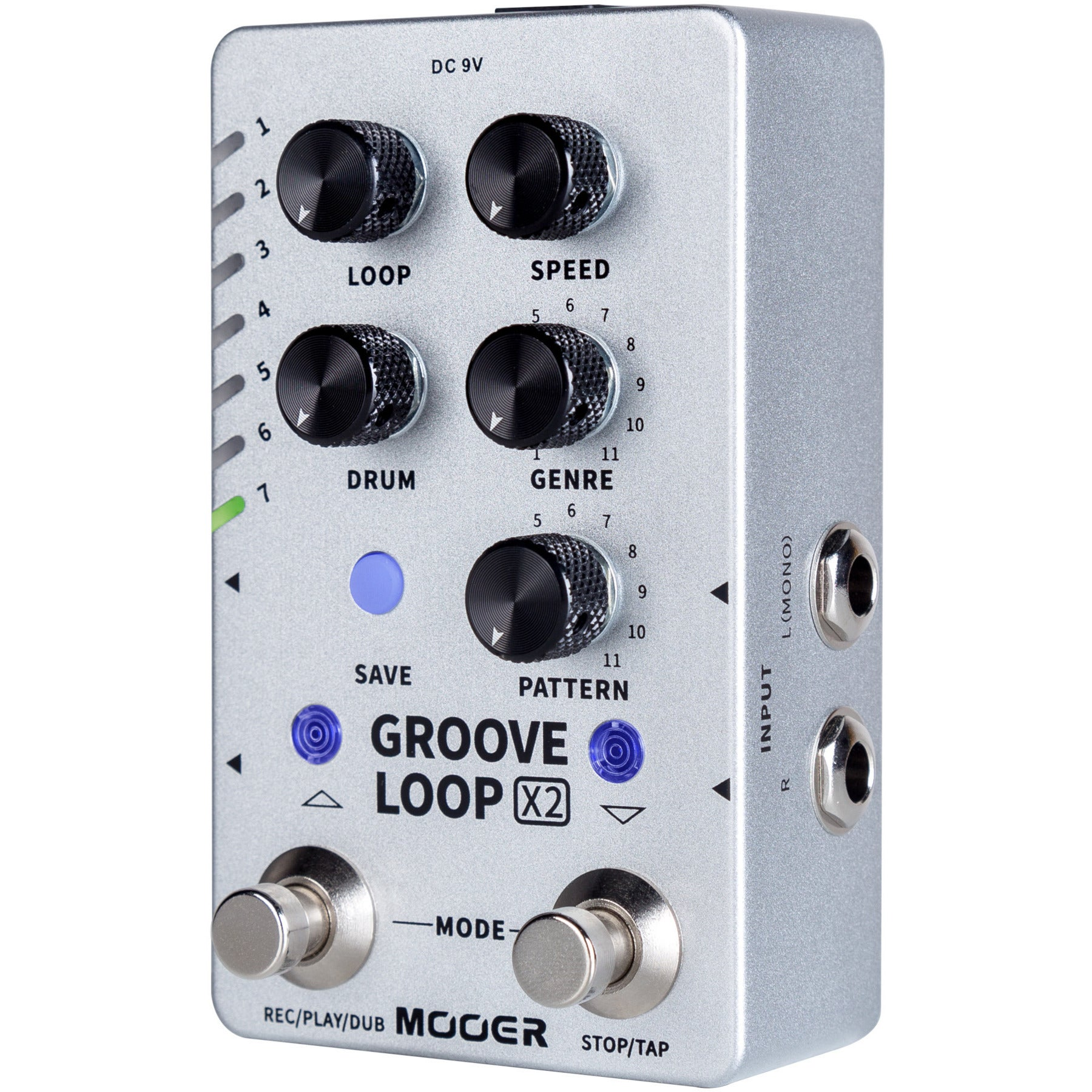 Loop, Speed, Drum, Genre, Pattern düğmeli gümüş efekt pedalı.